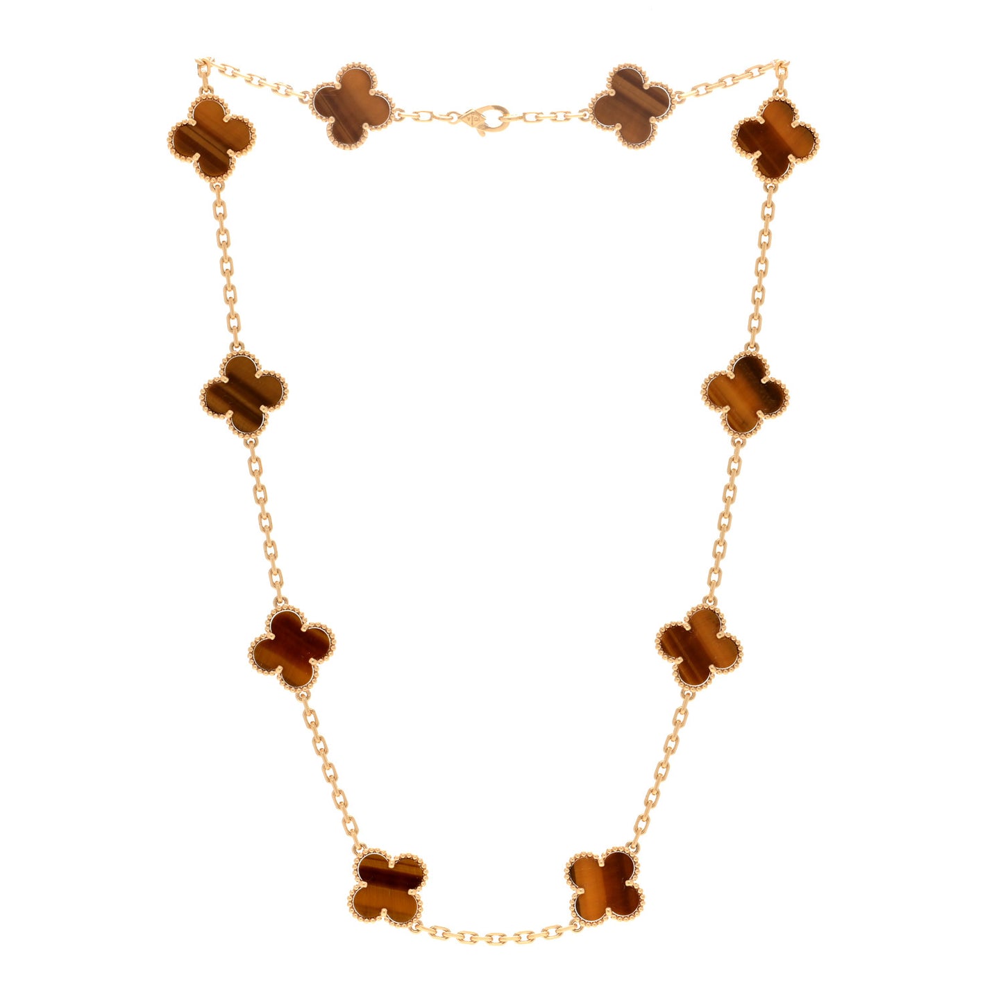 18K Yellow Gold Tiger Eye 10 Motifs Vintage Alhambra Necklace