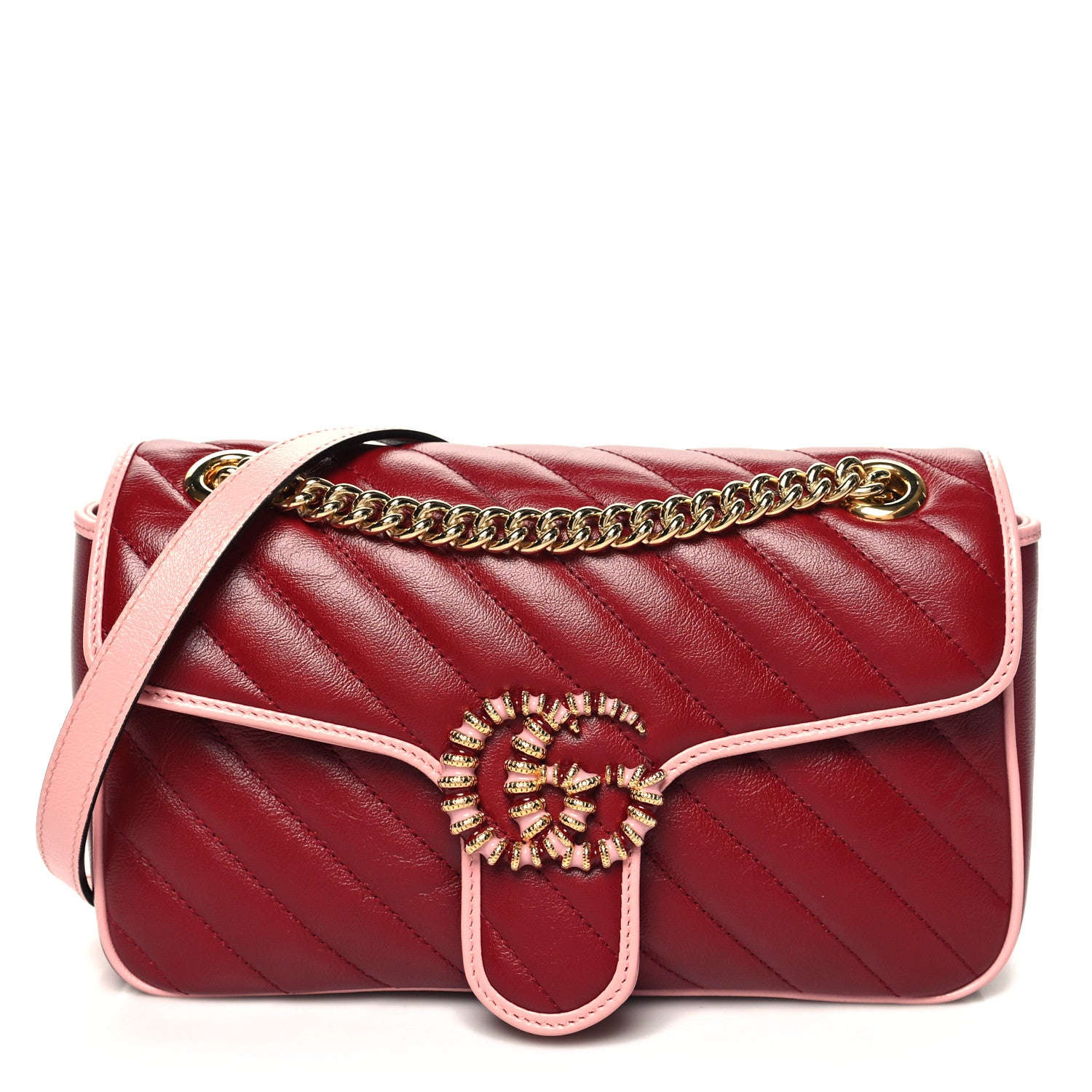 Gucci Azalea Calfskin Enamel Matelasse Diagonal Small Torchon GG Marmont Shoulder Bag New Cherry Red Wild Rose 1 of 10