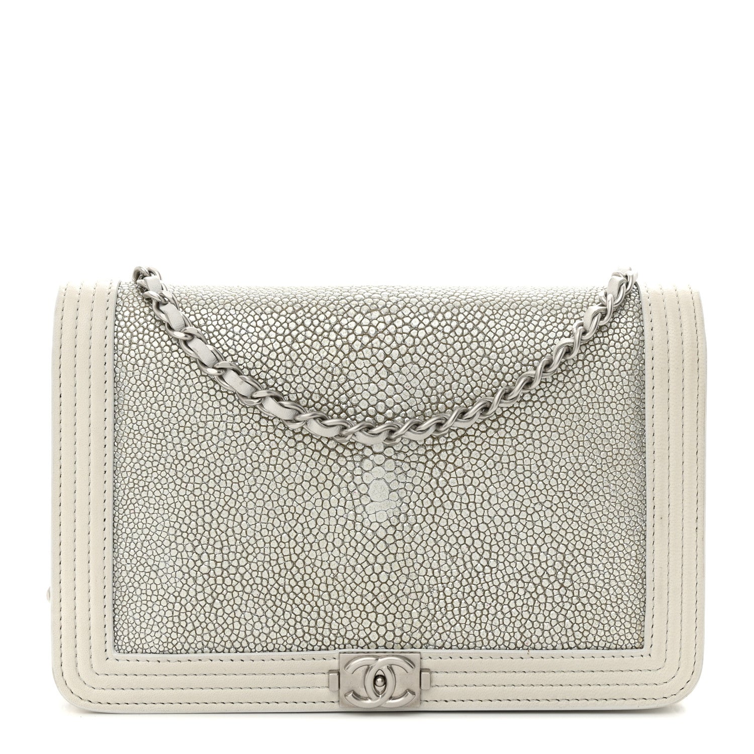 Chanel Metallic Galuchat Stingray Lambskin Boy Wallet On Chain WOC Silver 1 of 15