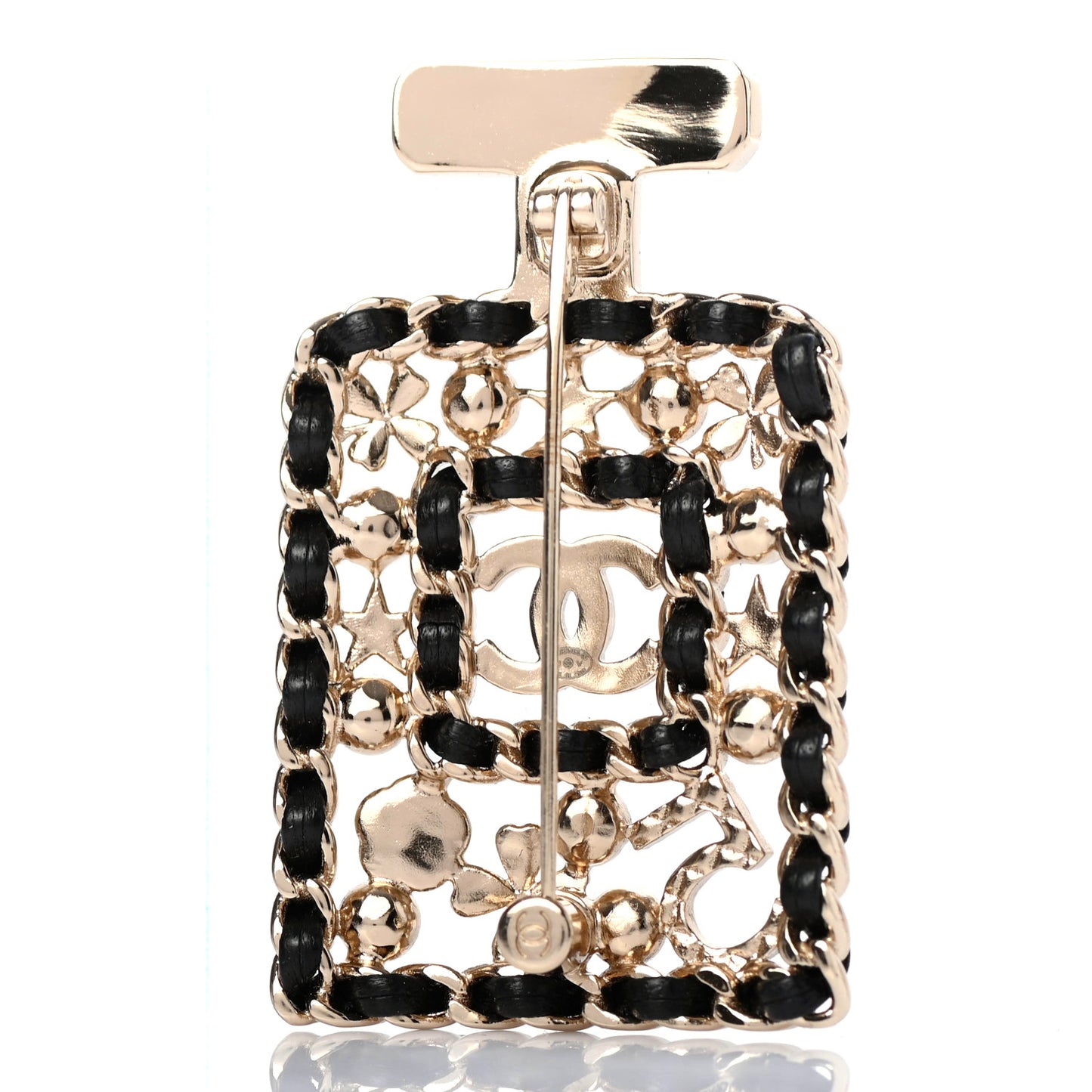 Lambskin Pearl Quilted Chain CC Perfume Bottle Brooch Gold