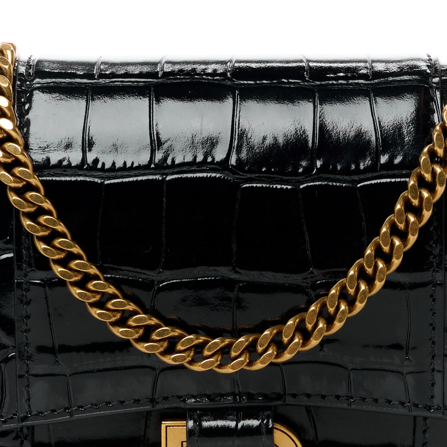 Shiny Calfskin Crocodile Embossed Hourglass Chain Bag Black