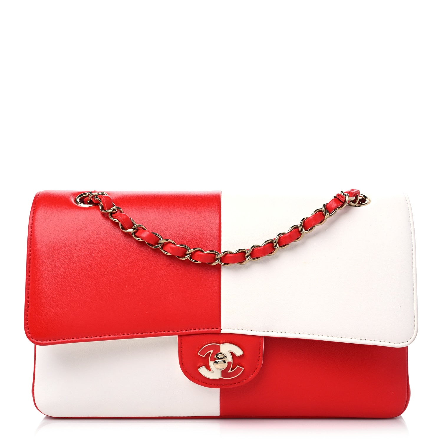 Chanel Lambskin Geometric Colorblock Medium Double Flap Red White