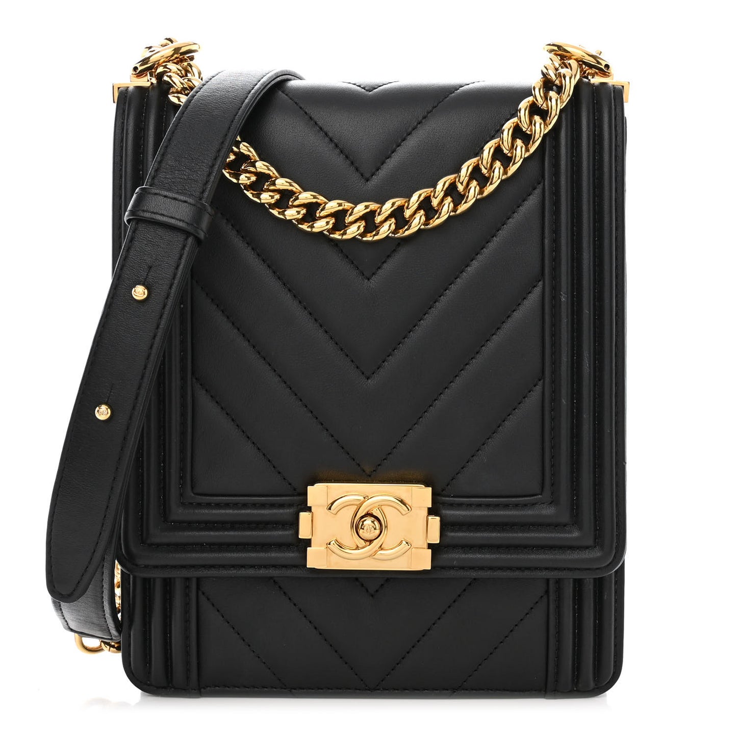 Calfskin Chrevron Quilted North South Boy Flap Black