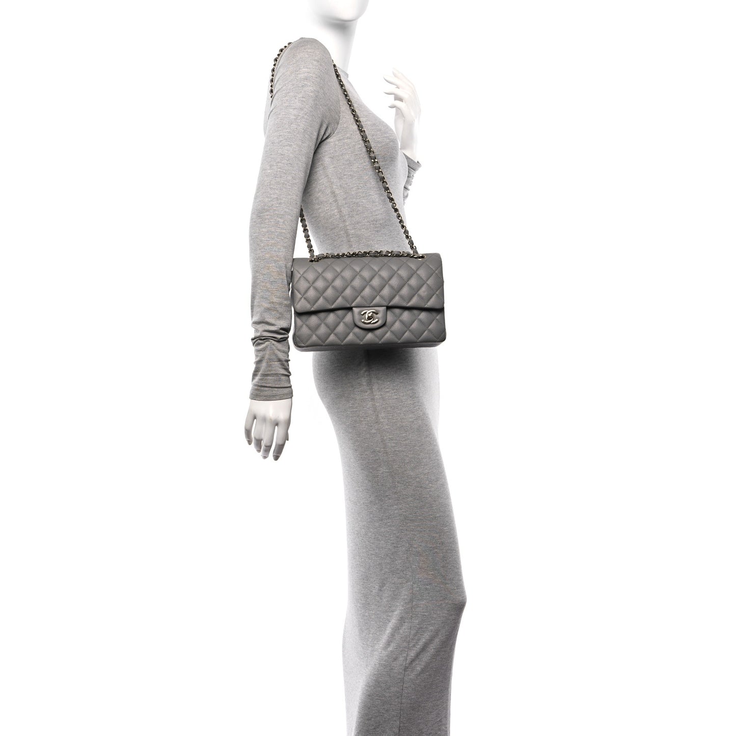 Caviar Quilted Medium Double Flap Grey