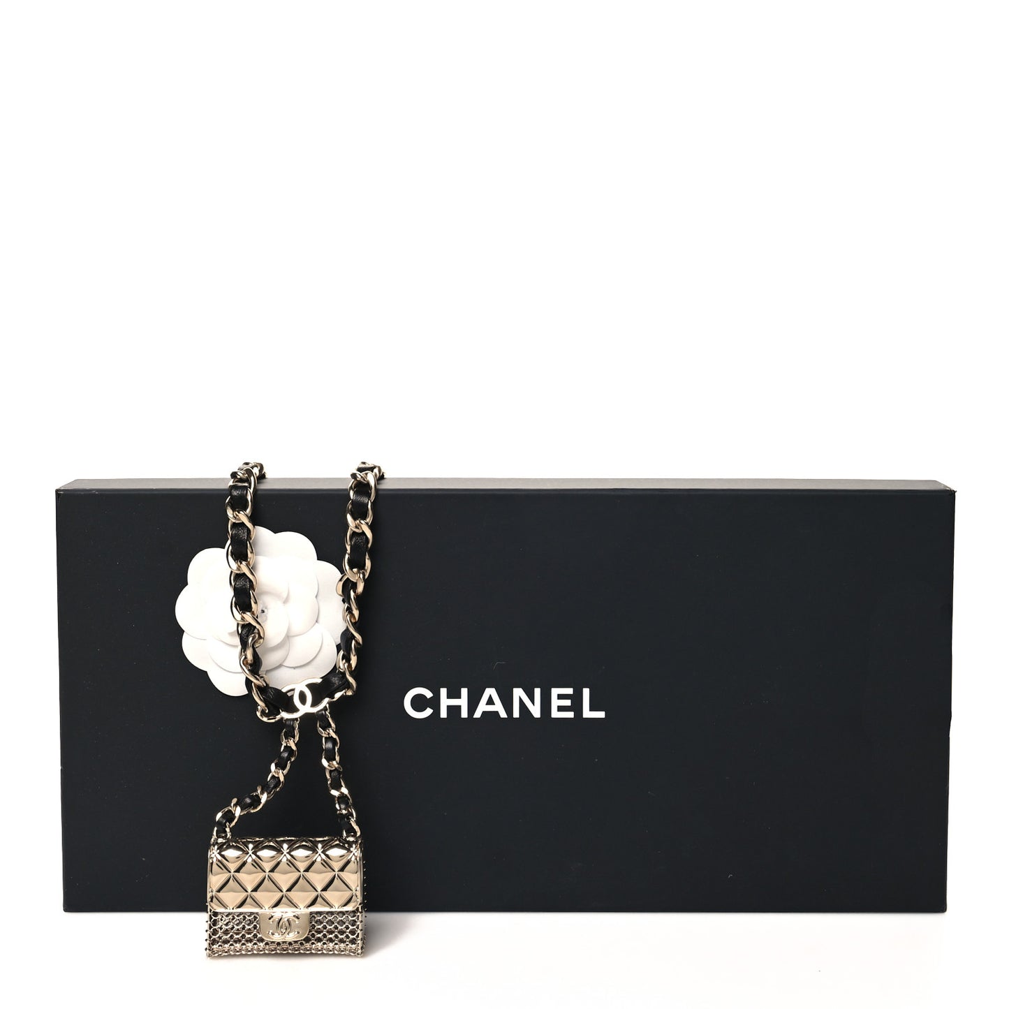 Metal Lambskin Chain Flap Bag Long Necklace Gold Black