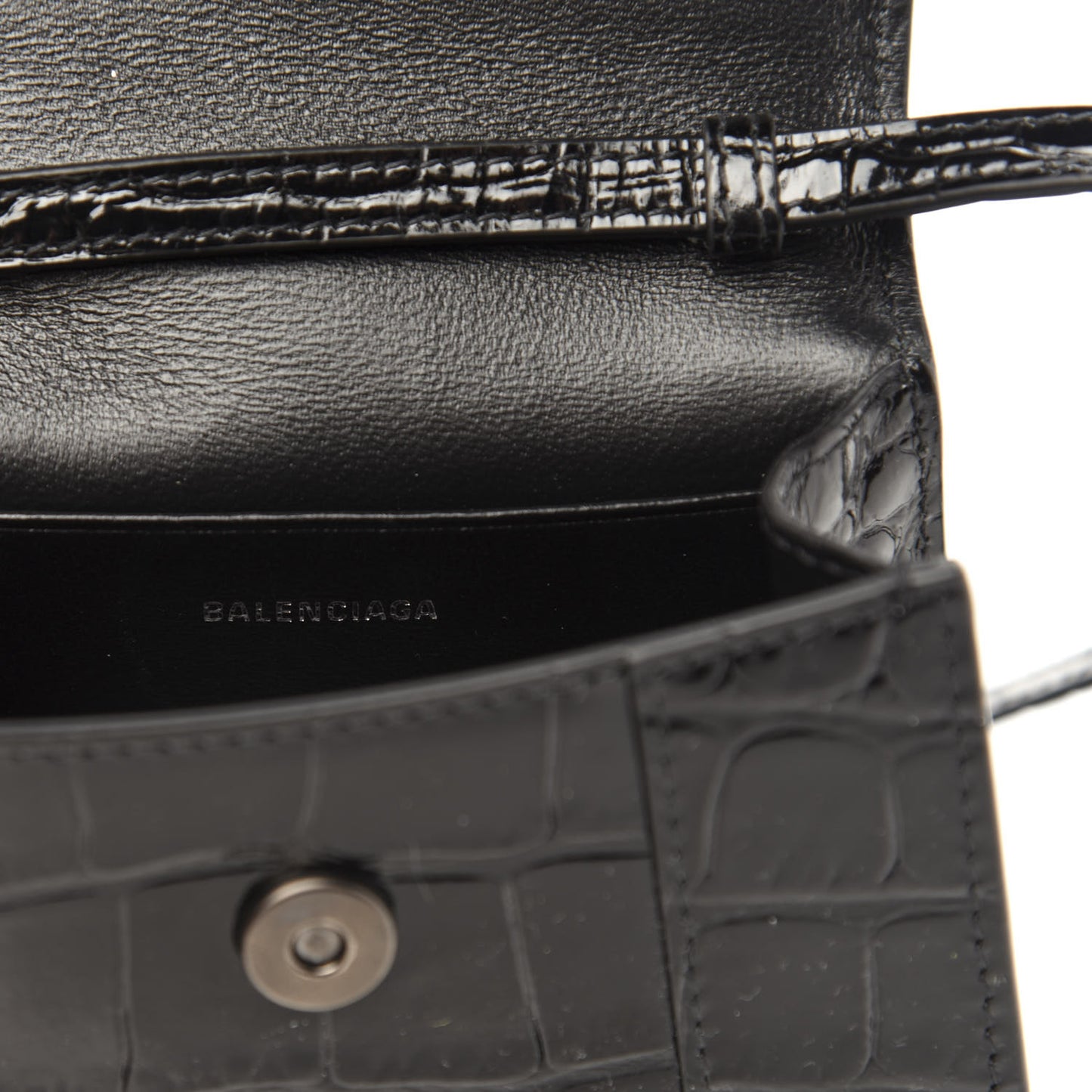 Shiny Calfskin Monochrome Crocodile Embossed Hourglass Top Handle Bag Mini Black