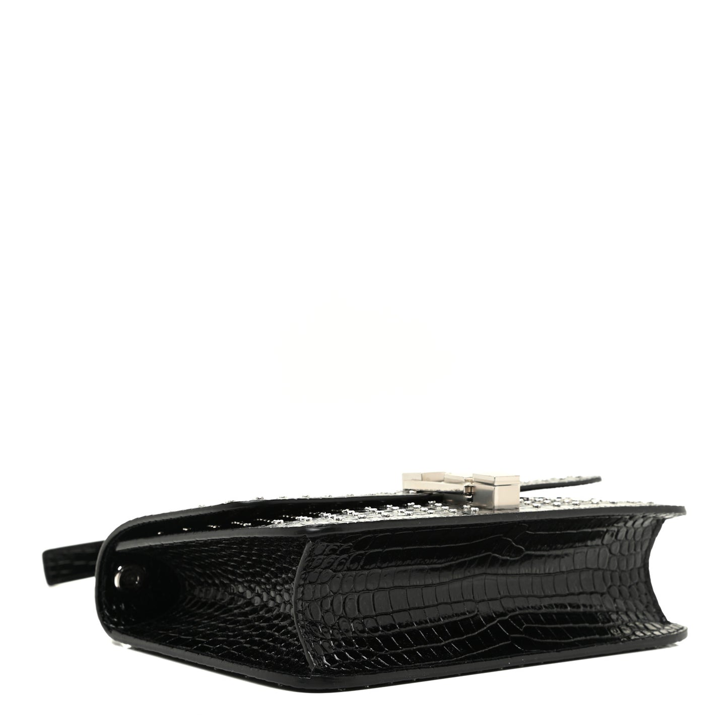 Crocodile Embossed Calfskin Crystal Embellished Carre Satchel Black