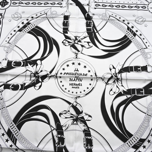 Cashmere Silk La Promenade du Matin Bandana Shawl 140 White Black Cuir