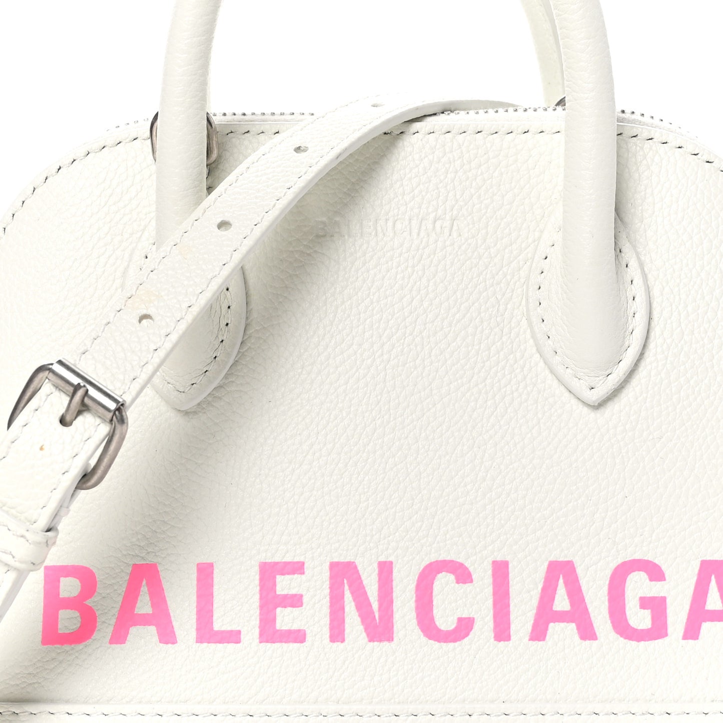 Grained Calfskin Logo XXS Ville Top Handle Bag White Fluo Pink