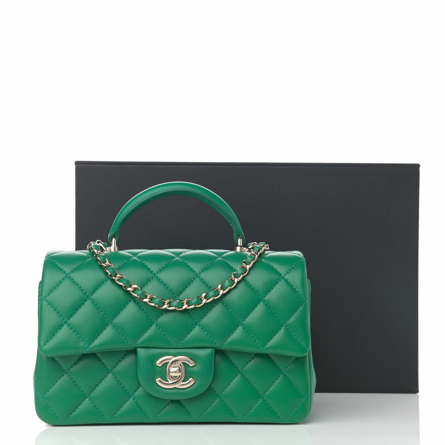 Lambskin Quilted Mini Top Handle Rectangular Flap Green
