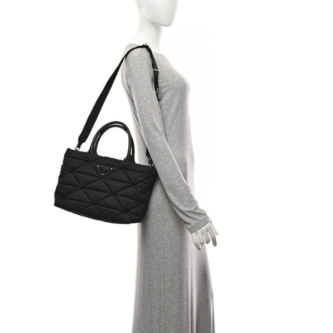 Re-Nylon Nappa Triangle Quilted Padded Small Double Handled Zip Tote Black