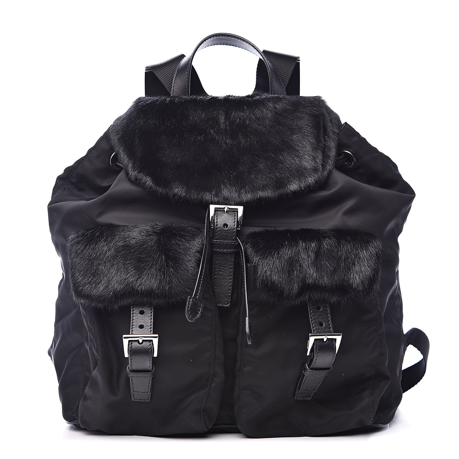 Prada Tessuto Nylon Saffiano Fur Backpack Black 1 of 12