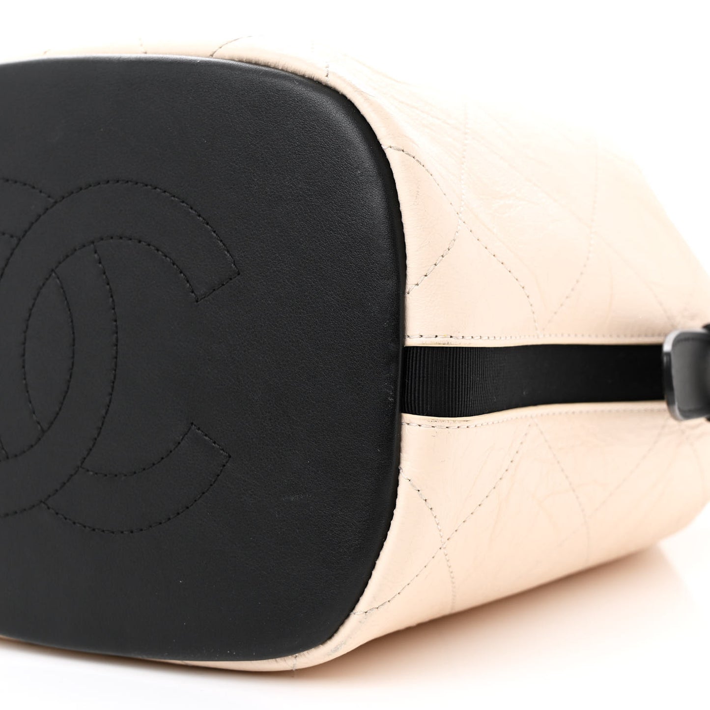 Aged Calfskin Quilted CC Chain Bucket Drawstring Bag Ivory Black