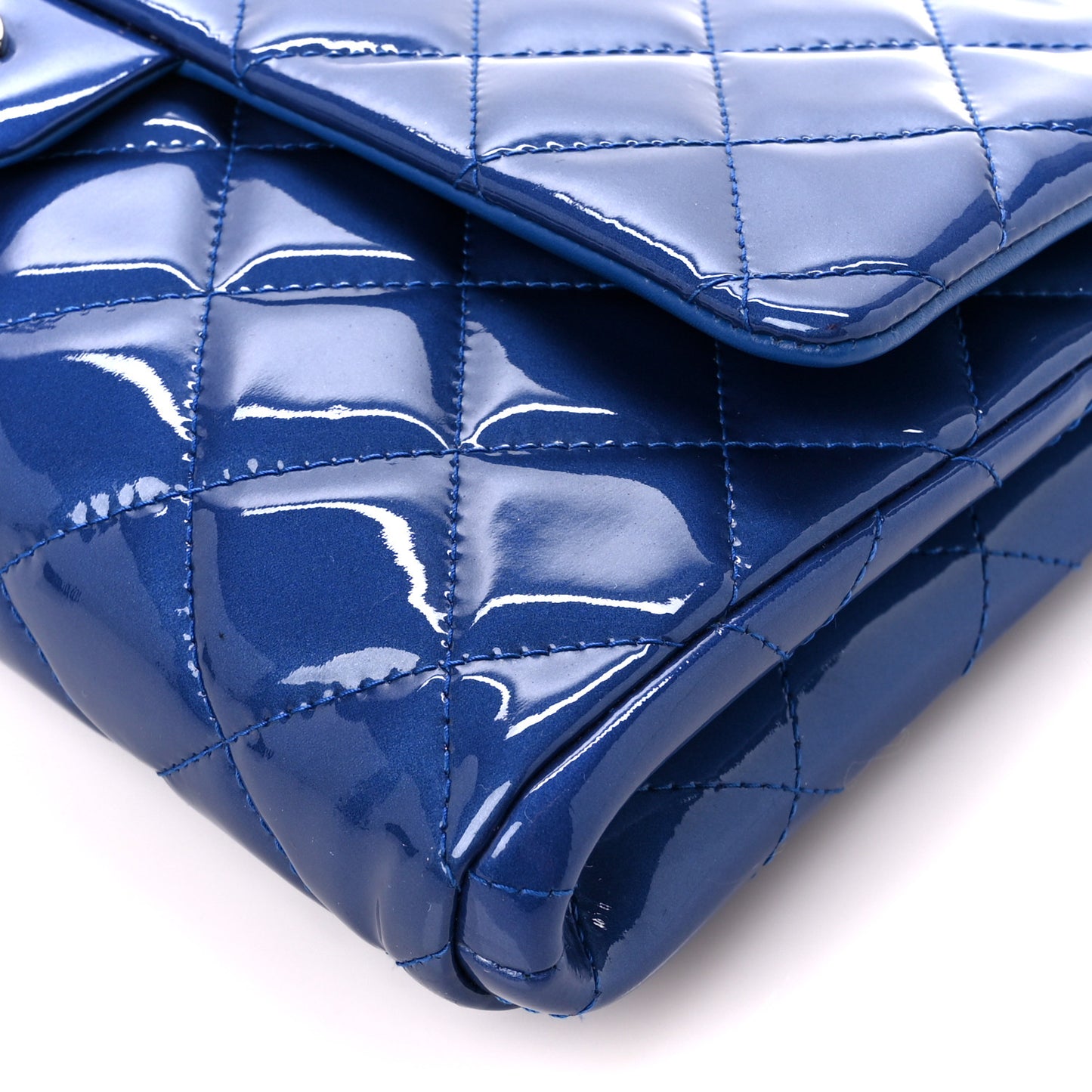 Patent Quilted Clutch with Chain Flap Blue