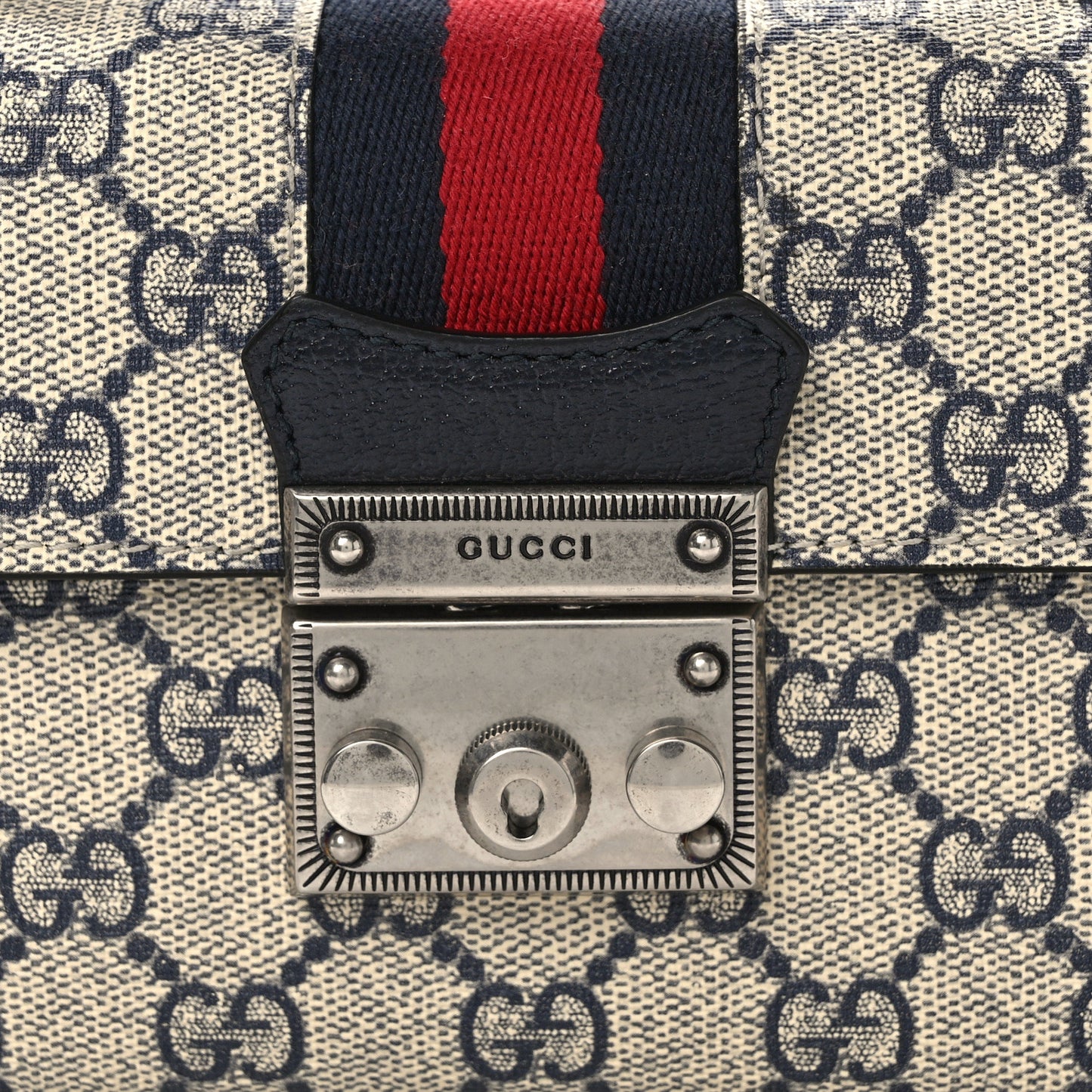 GG Supreme Monogram Textured Dollar Calfskin Web Mini Padlock Top Handle Shoulder Bag Beige Blue
