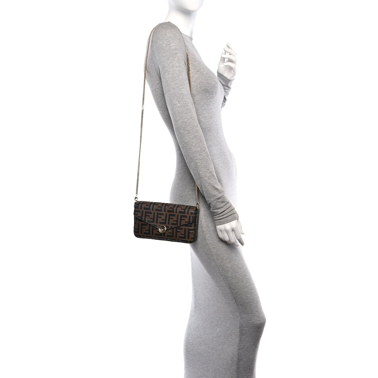 Vitello Soft F is Fendi Bi-Color FF 1974 Embossed Envelope Wallet On Chain with Pouches Maya Black