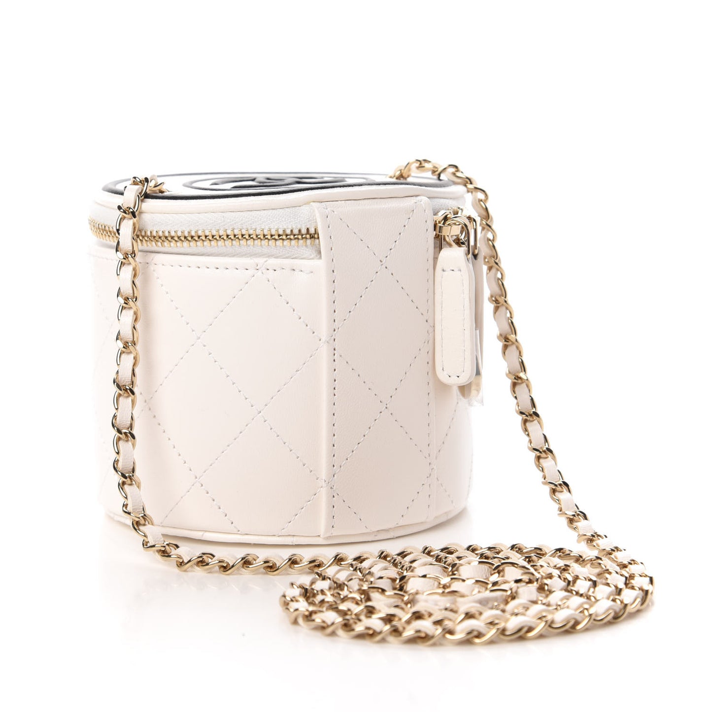 Lambskin Quilted Round Small Vanity Case With Chain White Black