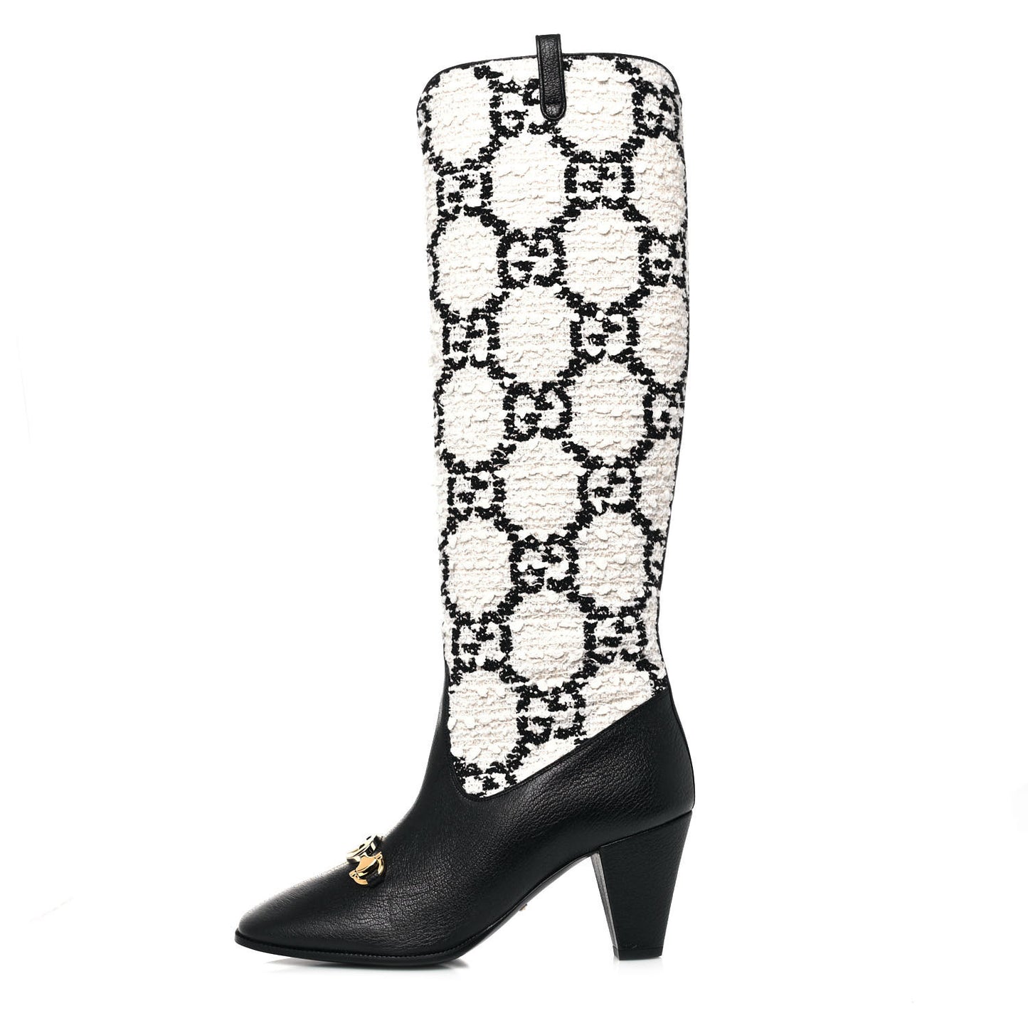 Tweed GG Monogram Wrinkled Kid Zumi Knee Boots 38 Natural Black