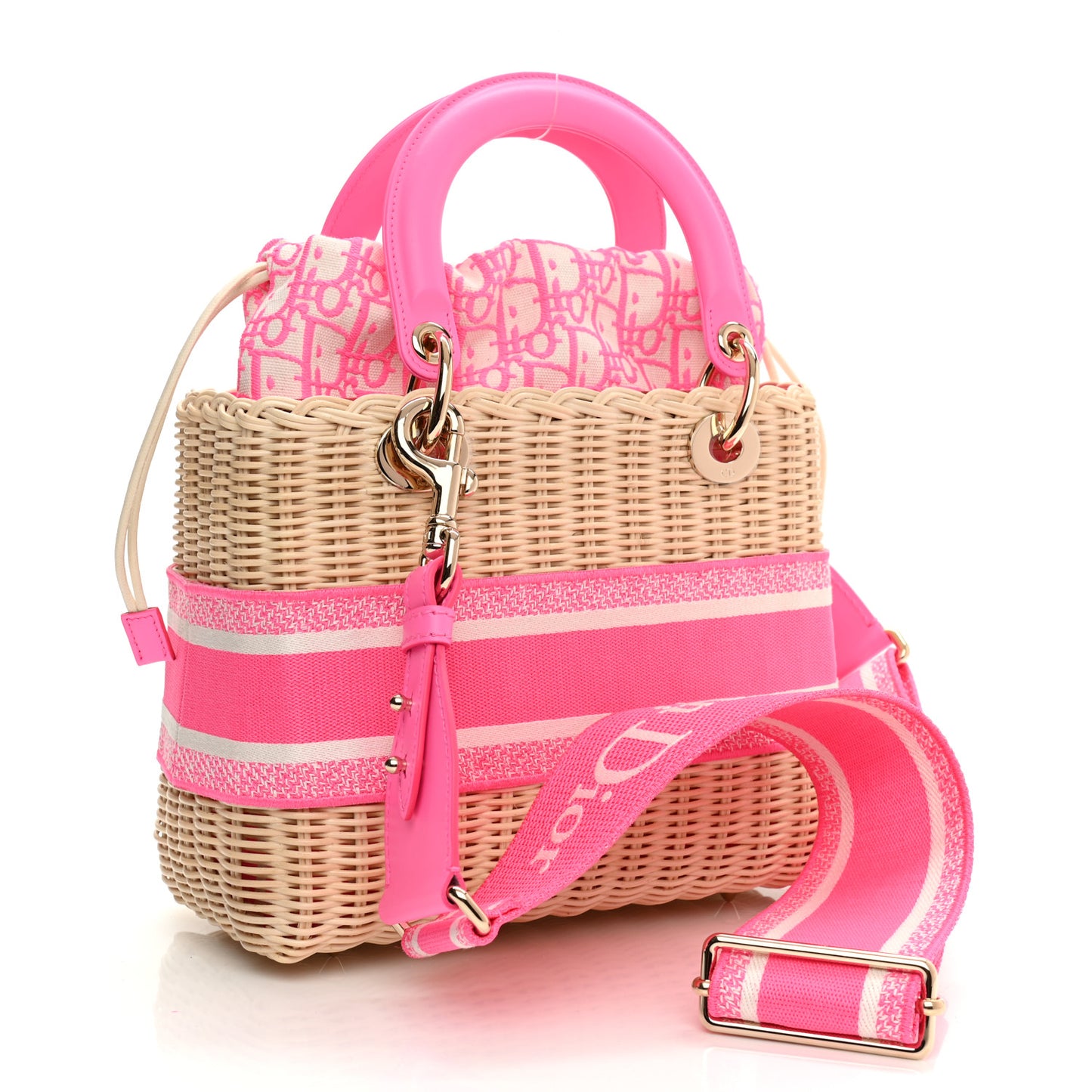 Wicker Oblique Medium Lady Dior Bag Fluorescent Pink
