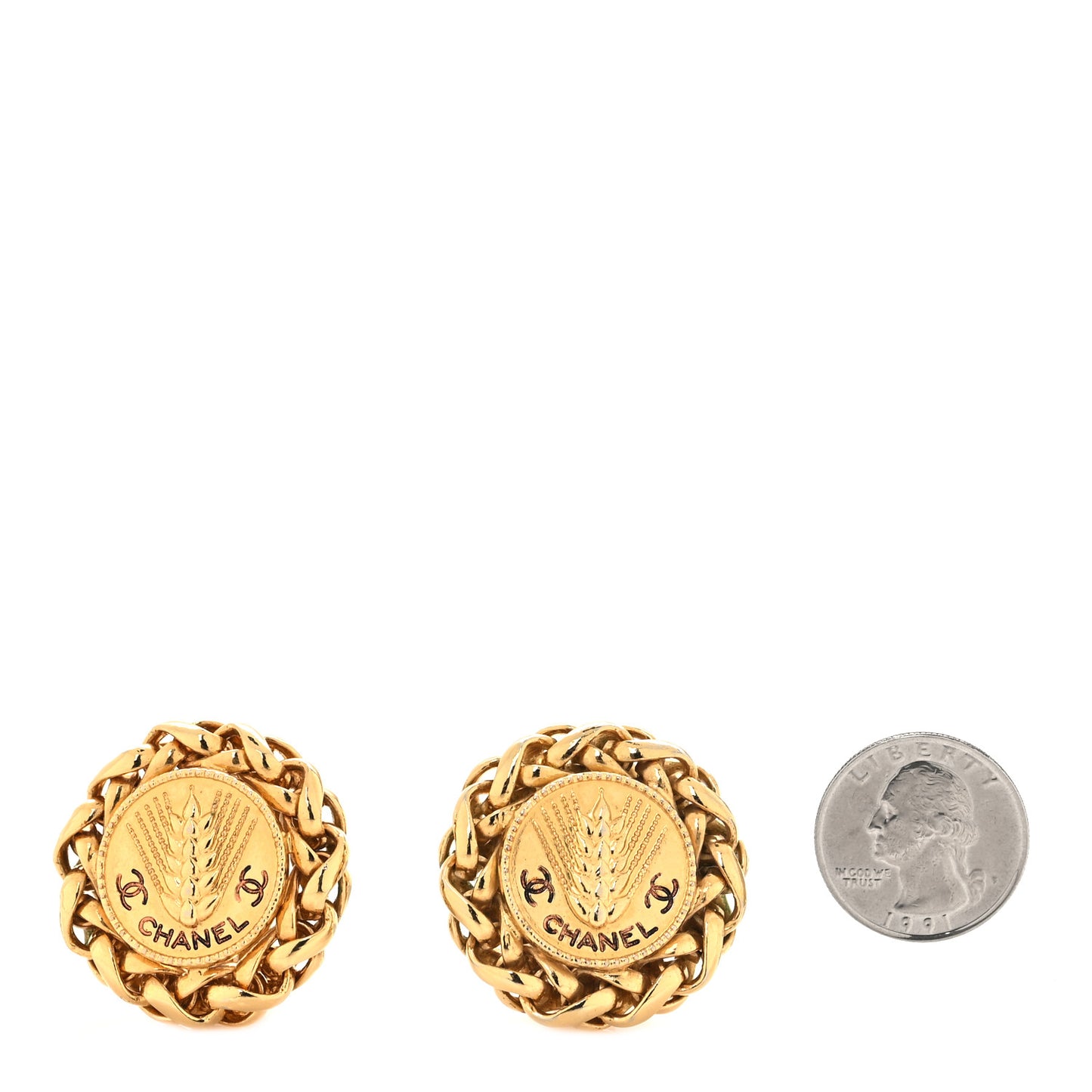 Metal Round CC Wheat Clip On Earrings Gold