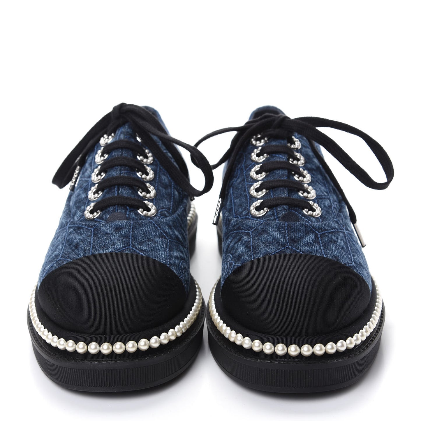 Denim Grosgrain Camellia Pearl Lace Up Sneakers 38.5 Blue Black