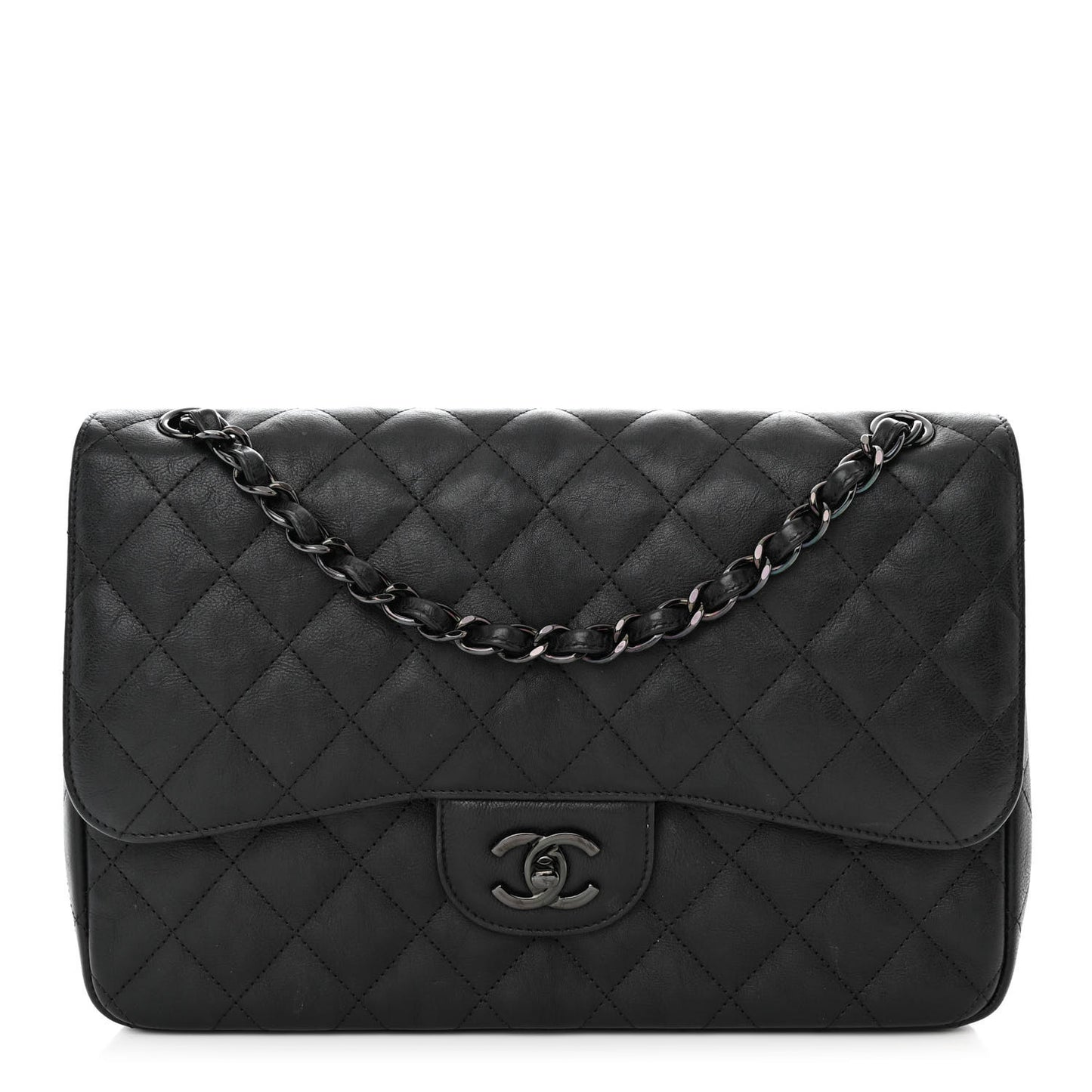 Crumpled Calfskin Quilted Jumbo Double Flap So Black