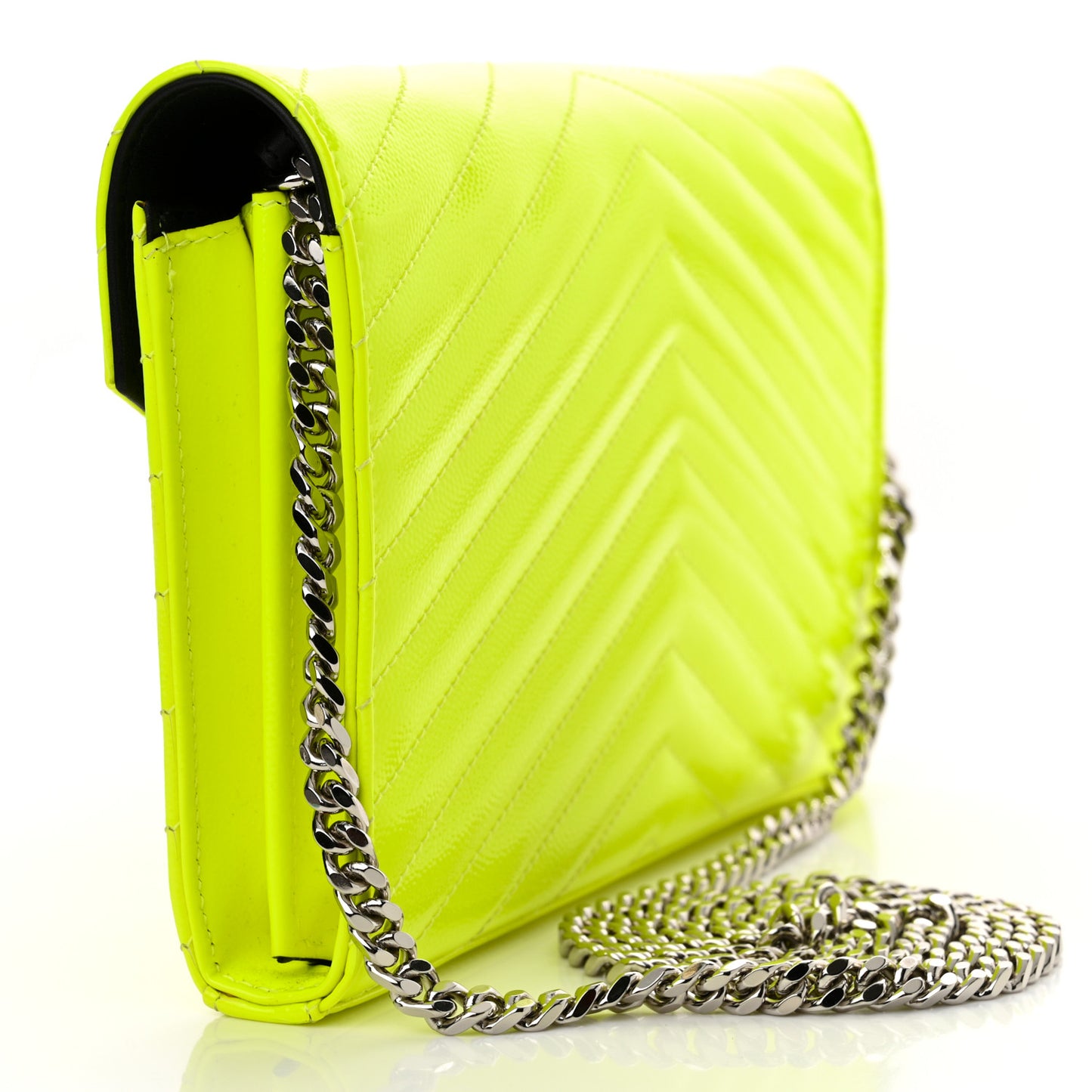 Patent Grain De Poudre Matelasse Chevron Monogram Chain Wallet Neon Yellow