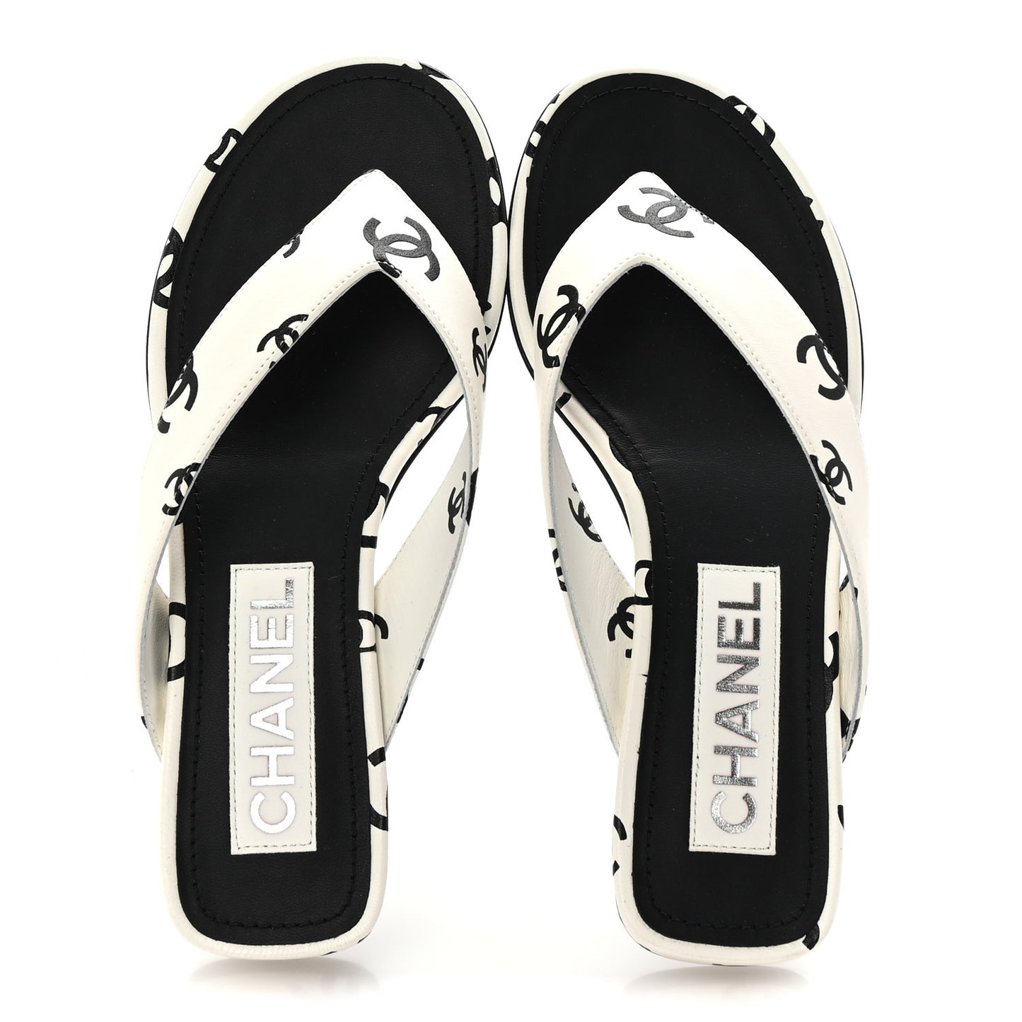 Lambskin Printed CC Thong Sandals 35 White Black