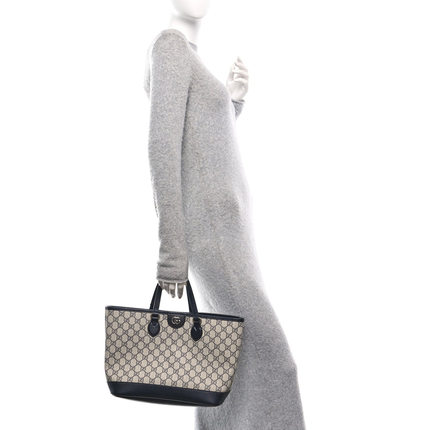 GG Supreme Monogram Textured Dollar Calfskin Medium Shoulder Tote Bag Beige Blue