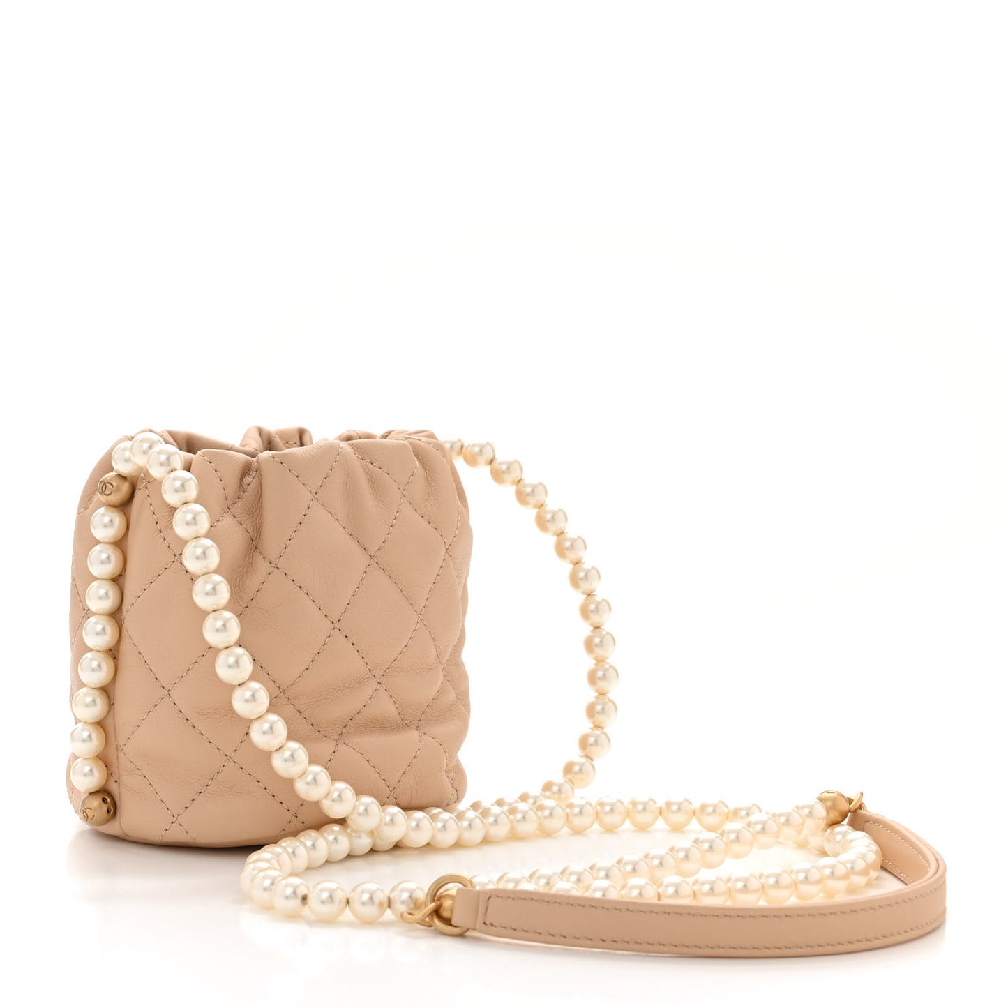 Calfskin Quilted Pearl Mini About Pearls Drawstring Bucket Bag Beige