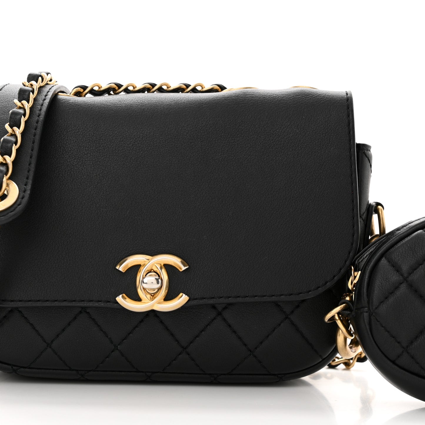 Calfskin Quilted Multi Pouching Flap And Coin Purse Black