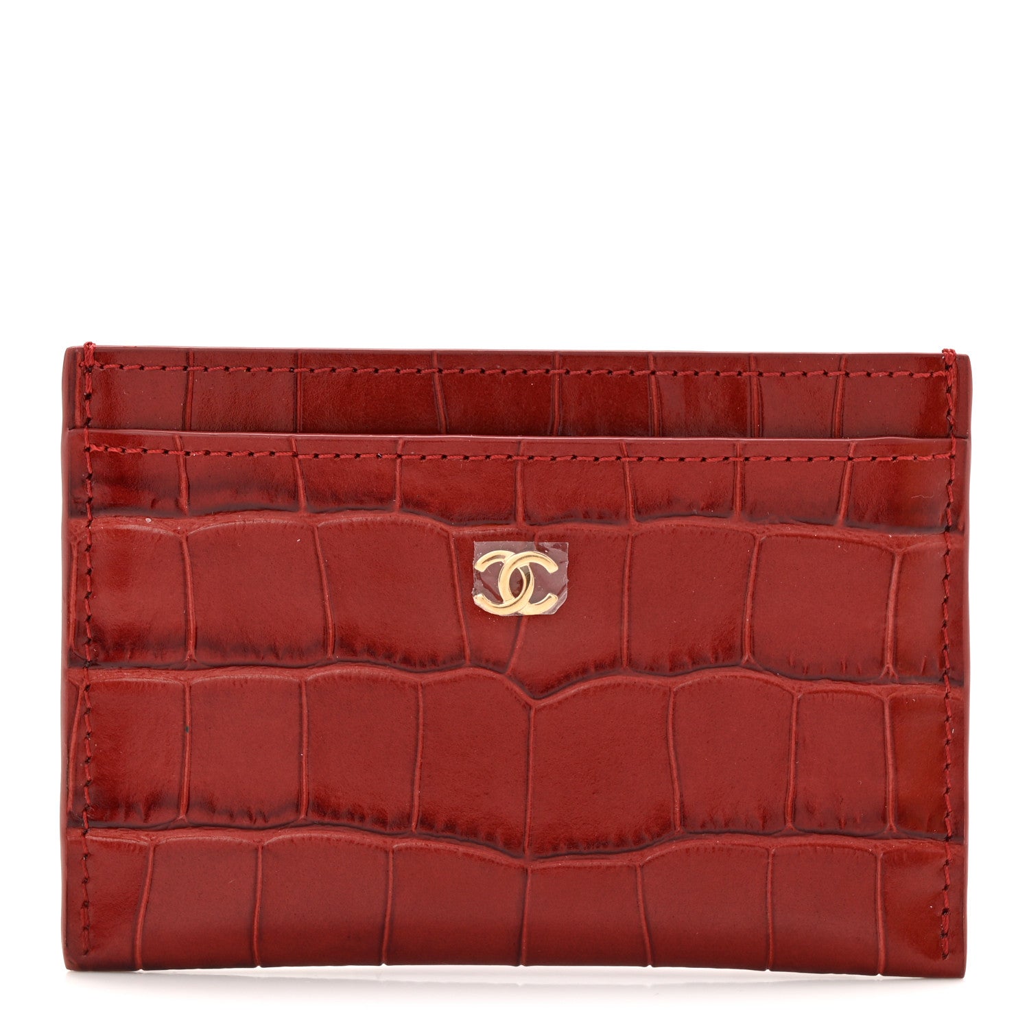 Chanel Calfskin Crocodile Embossed Crococo Card Holder Burgundy