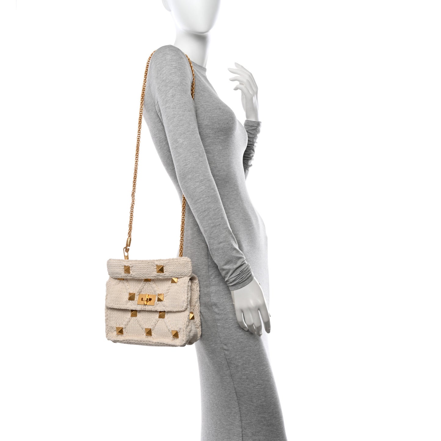 Knit Medium Roman Stud Shoulder Bag Ecru