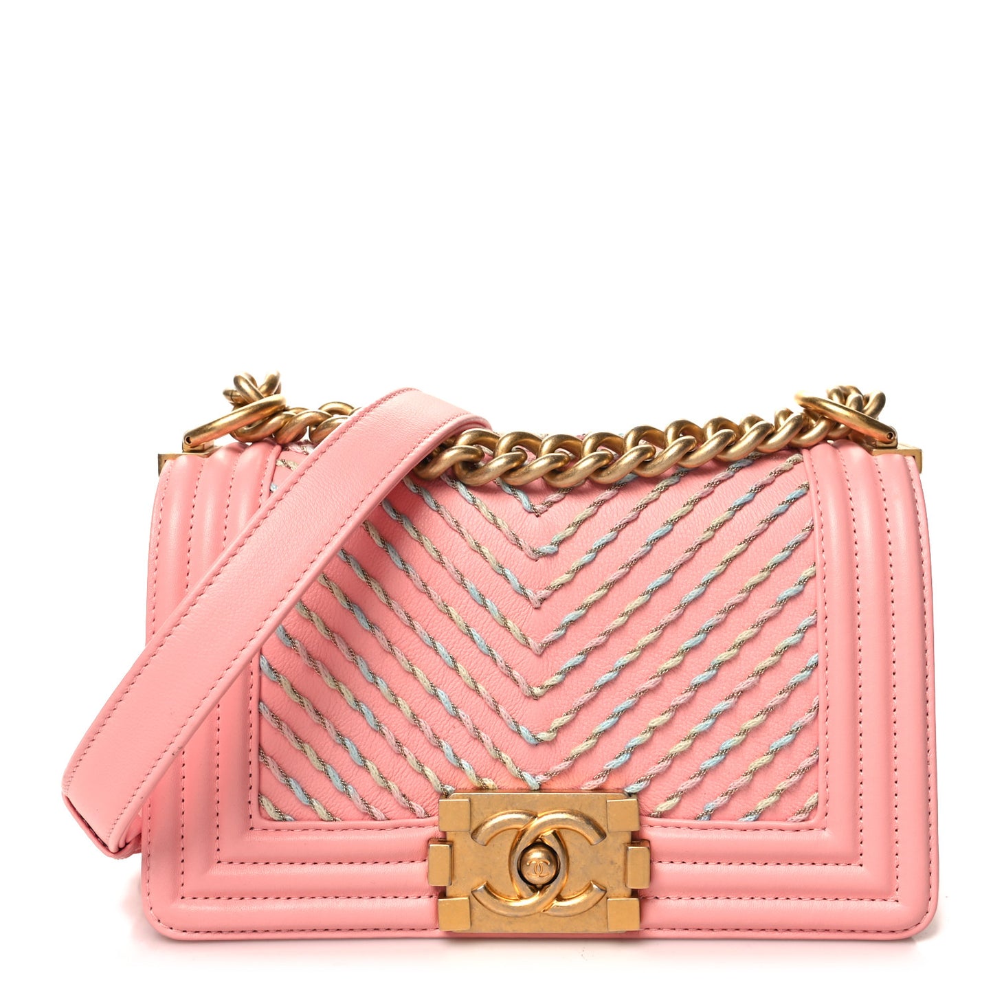 Calfskin Chevron Embroidered Small Boy By The Sea Flap Pink