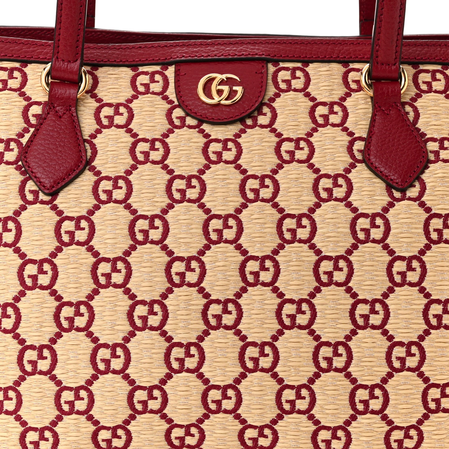 Straw Jacquard Dollar Calfskin GG Monogram Medium Ophidia Shopping Tote Natural New Cherry Red