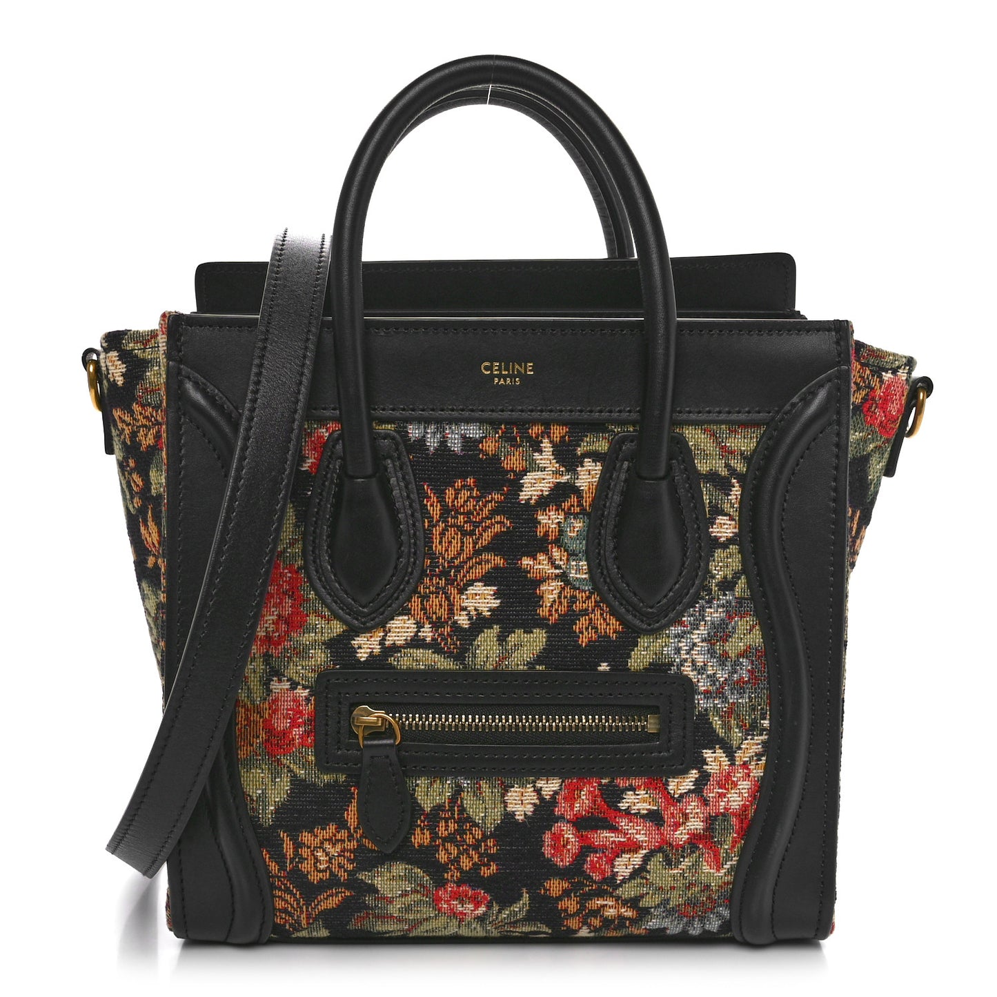 Calfskin Lambskin Canvas Jacquard Floral Nano Luggage Black