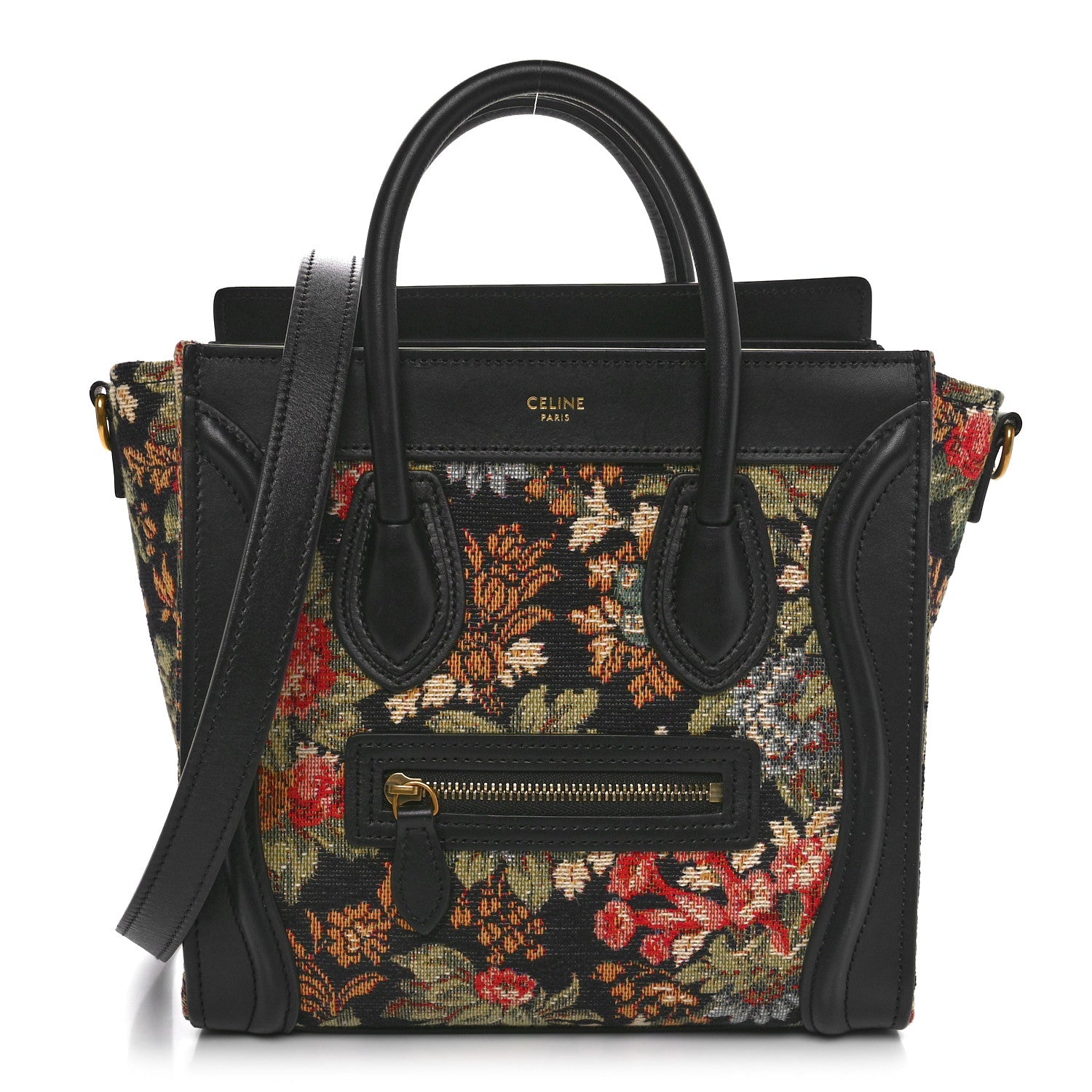 Celine Calfskin Lambskin Canvas Jacquard Floral Nano Luggage Black 1 of 9