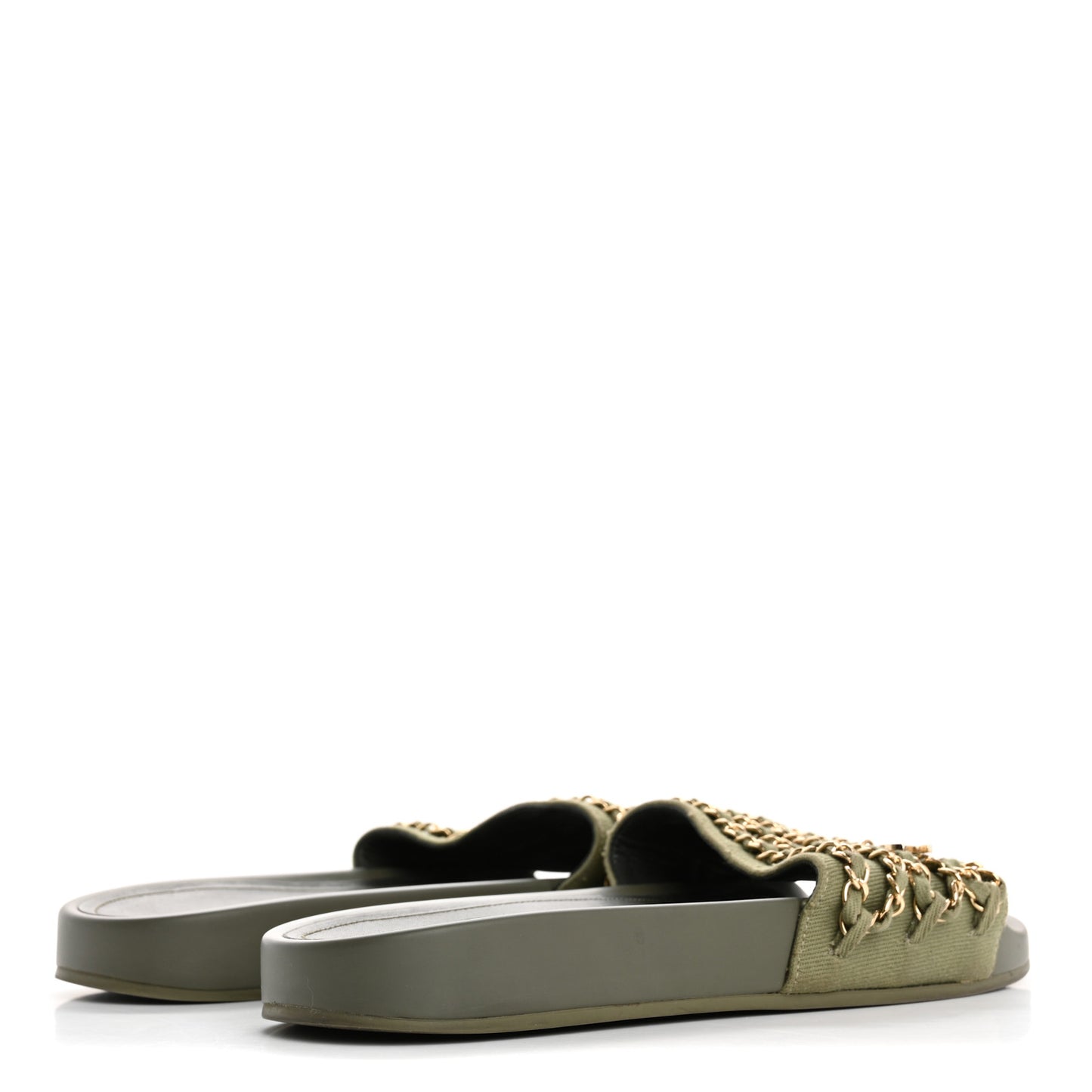 Satin Canvas Chain Slides Sandals Flats 40 Khaki