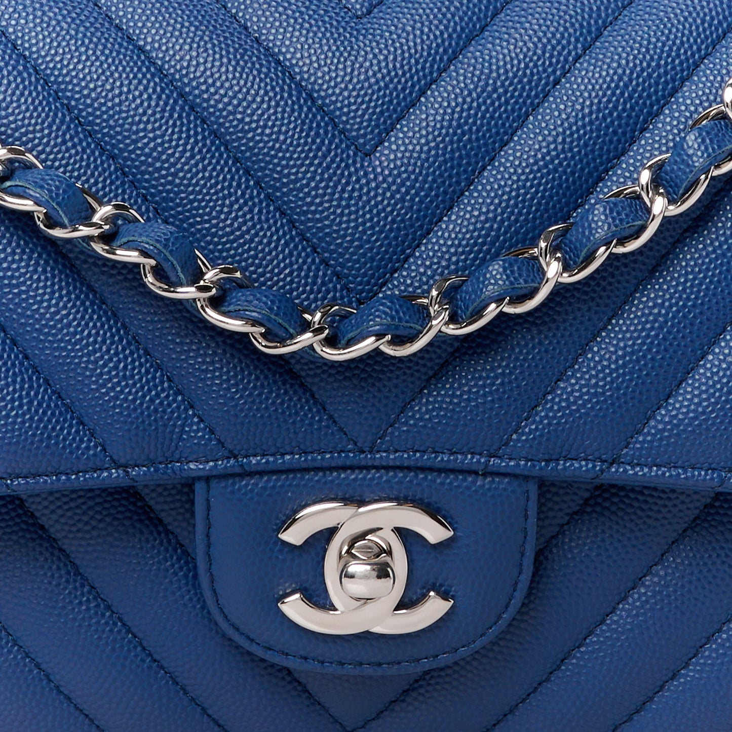 Caviar Chevron Quilted Small Double Flap Blue