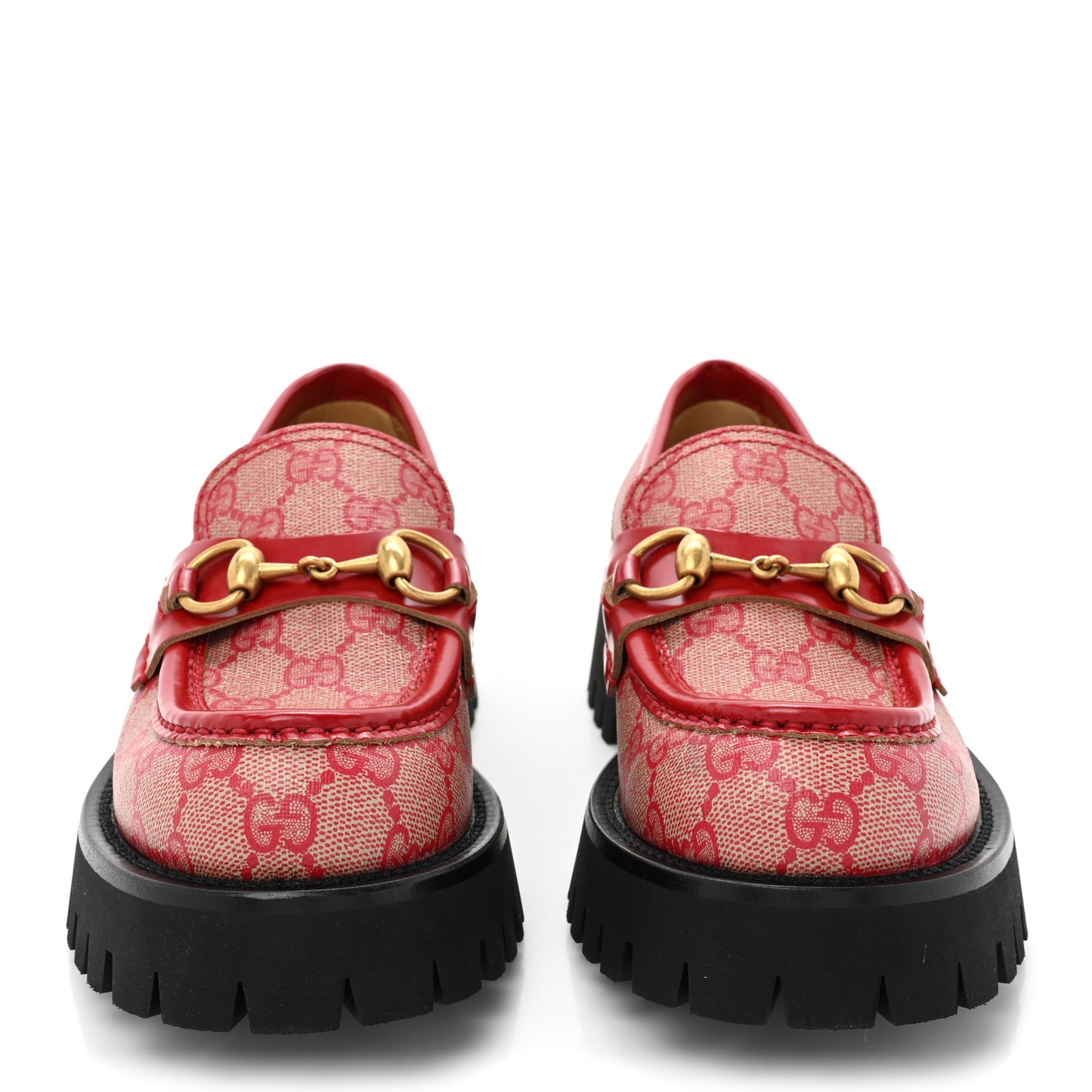 GG Supreme Monogram Cordovan Lux Womens Harald Horsebit 25mm Platform Loafers 36 Beige Hibiscus Red