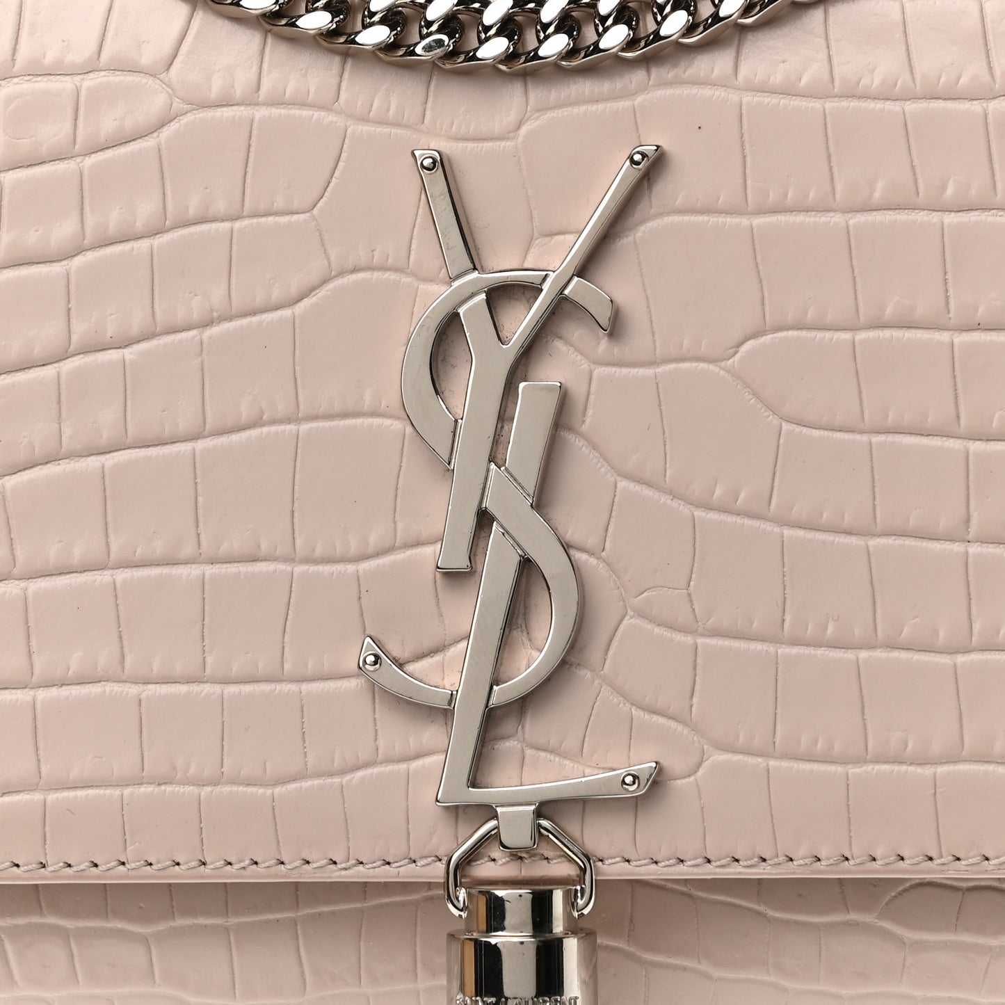 Calfskin Crocodile Embossed Small Classic Monogram Kate Tassel Satchel Light Pink