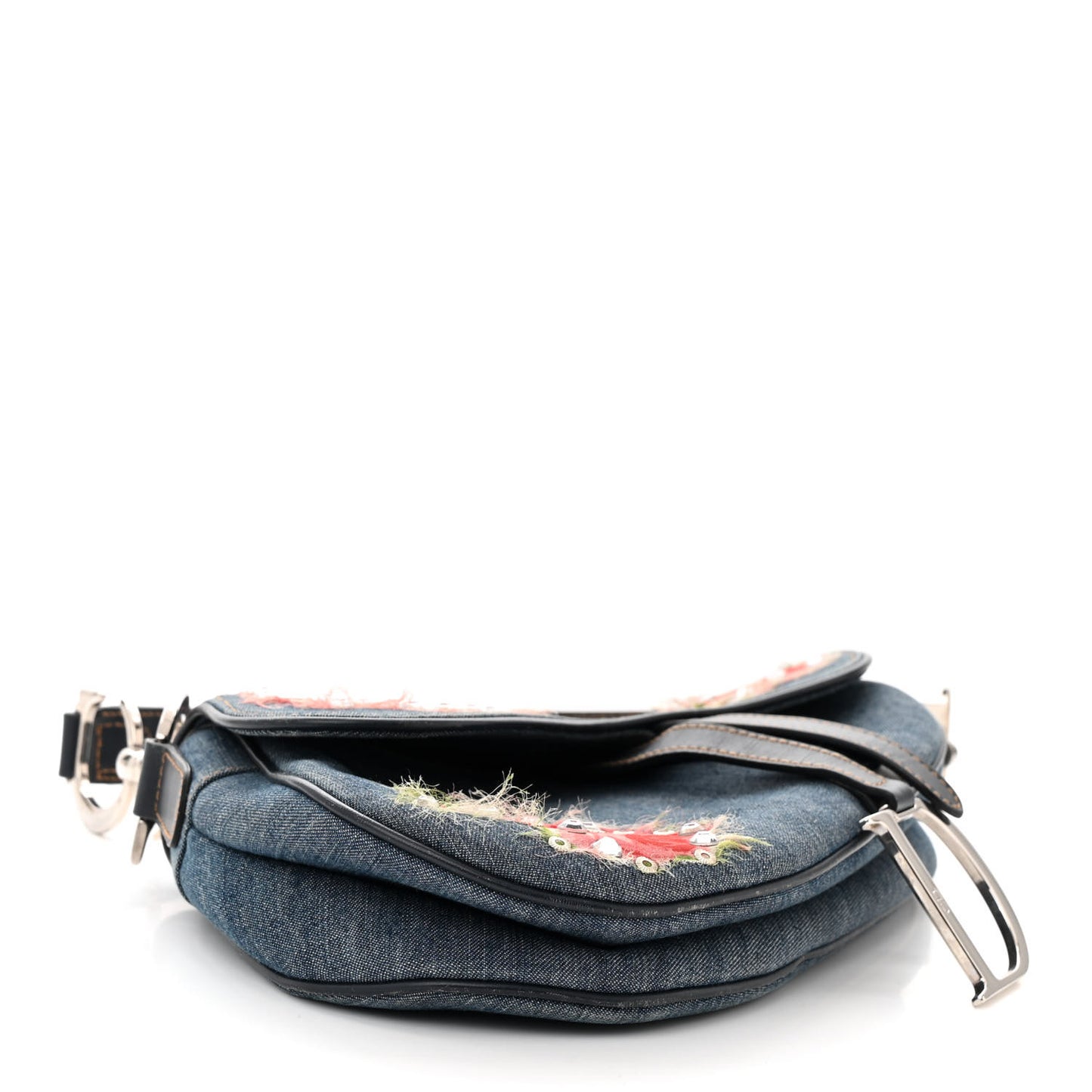 Denim Crystal Floral Embroidered Saddle Bag Multicolor