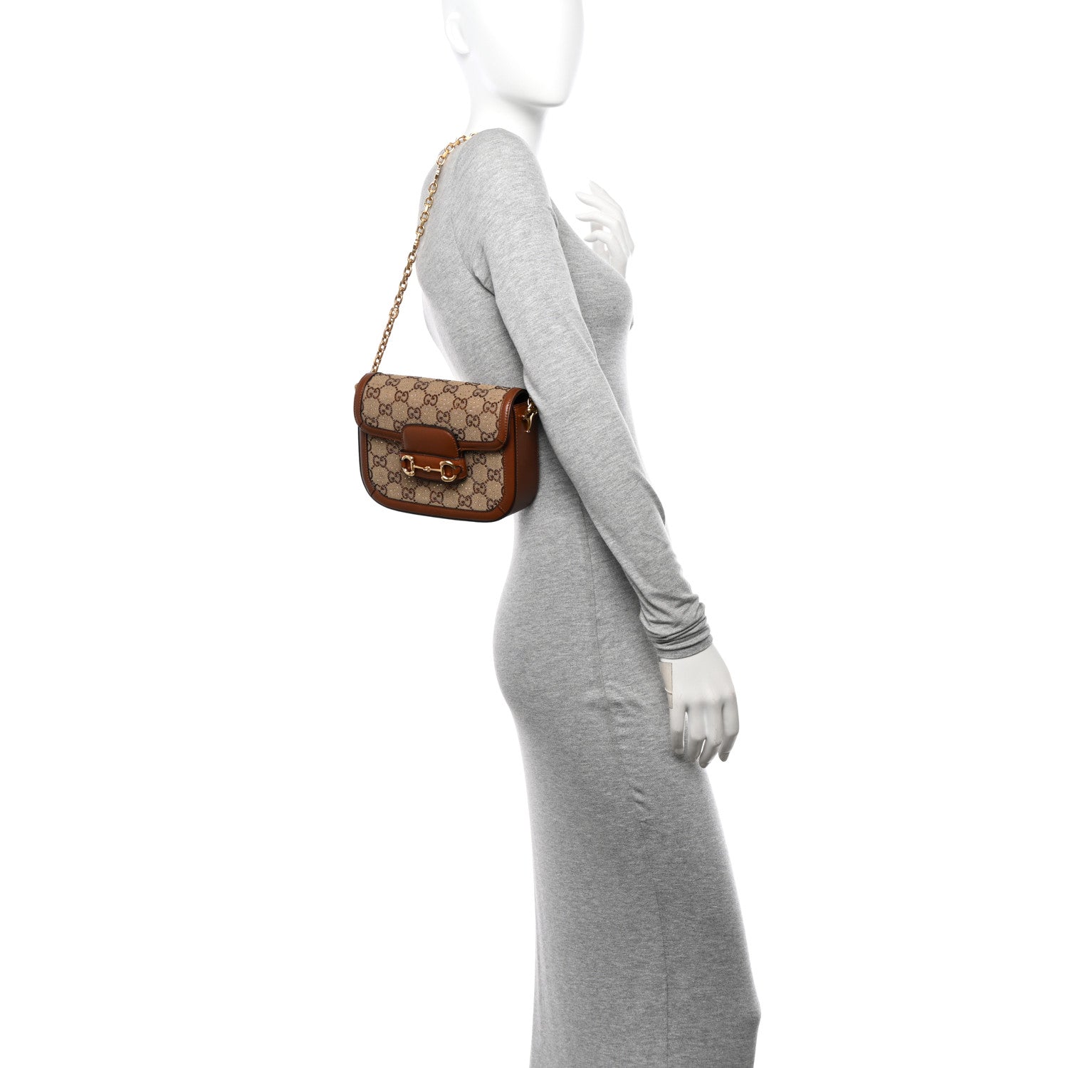 Gucci New Canvas Charisma Calfskin Crystal GG Monogram Mini Horsebit 1955 Shoulder Bag Camel Ebony 2 of 12