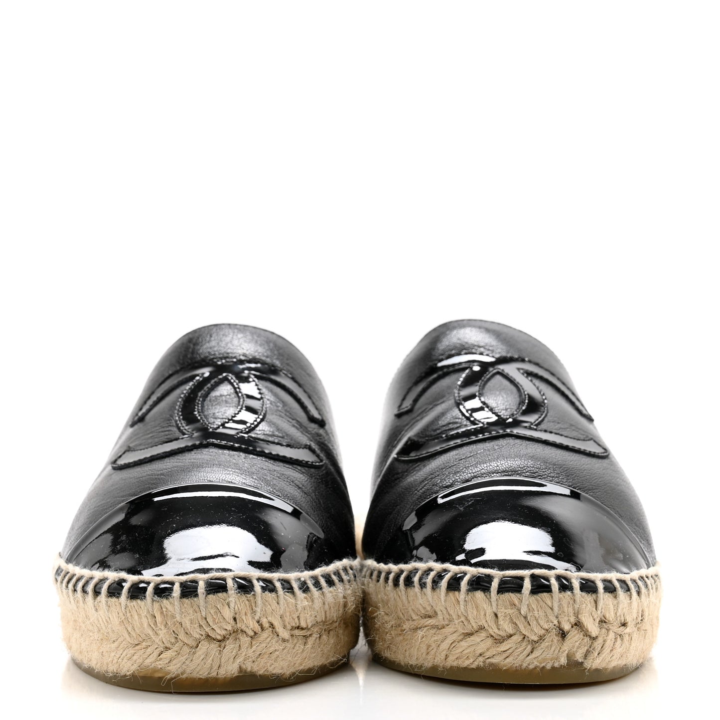 Iridescent Goatskin Patent CC Espadrille Mules 36 Black