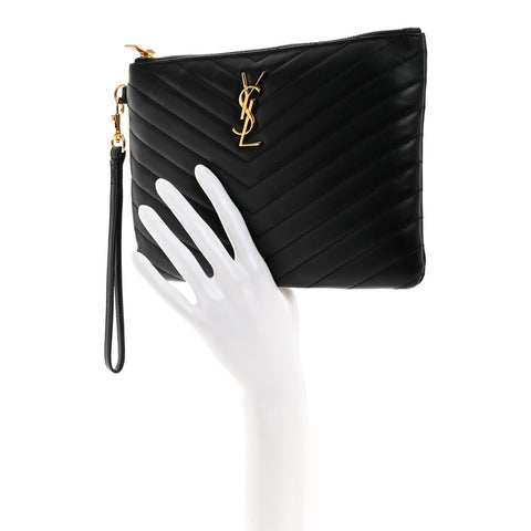 Calfskin Matelasse Chevron Monogram A5 Wristlet Black