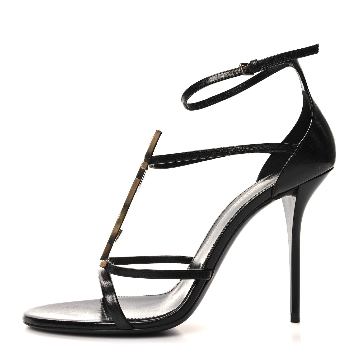 Saint Laurent Calfskin Cassandra 100 Ankle Strap Sandals 41 Black Gold 1 of 9