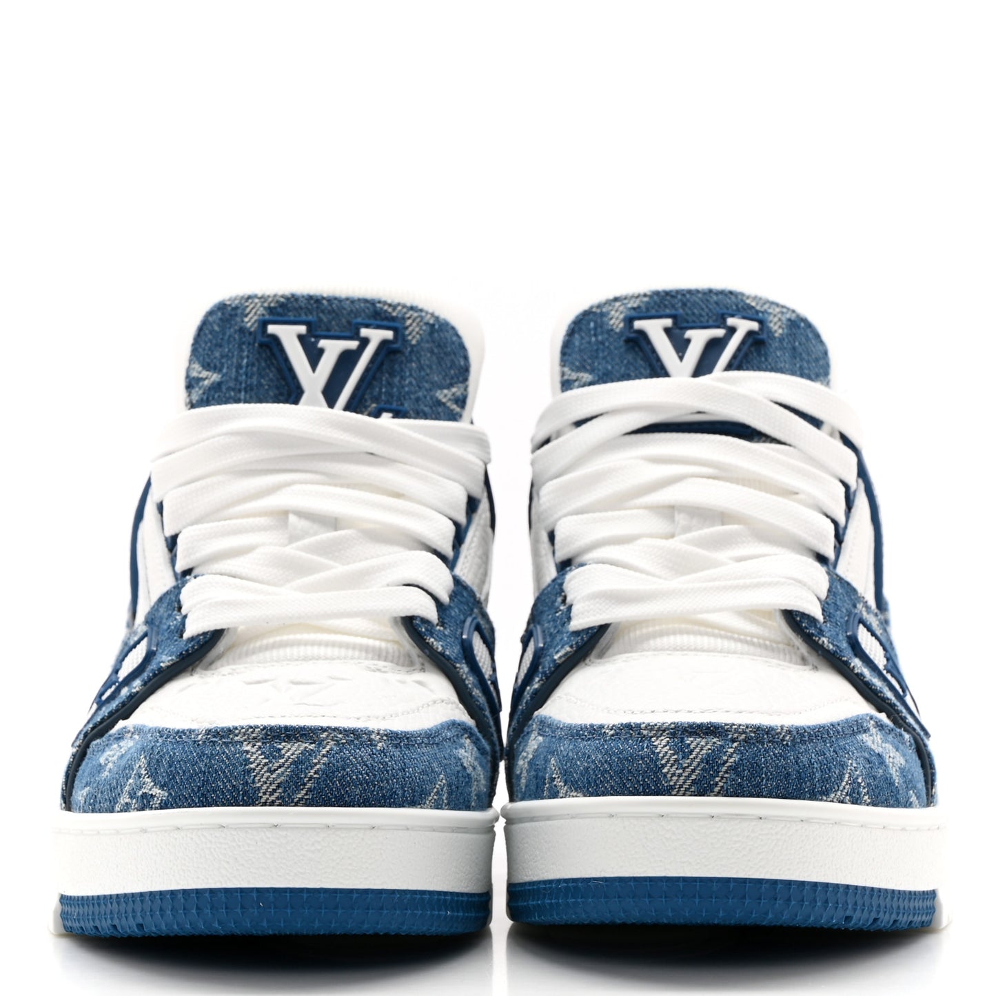Calfskin Embossed Monogram Denim Womens LV Trainer Sneakers 36 Blue