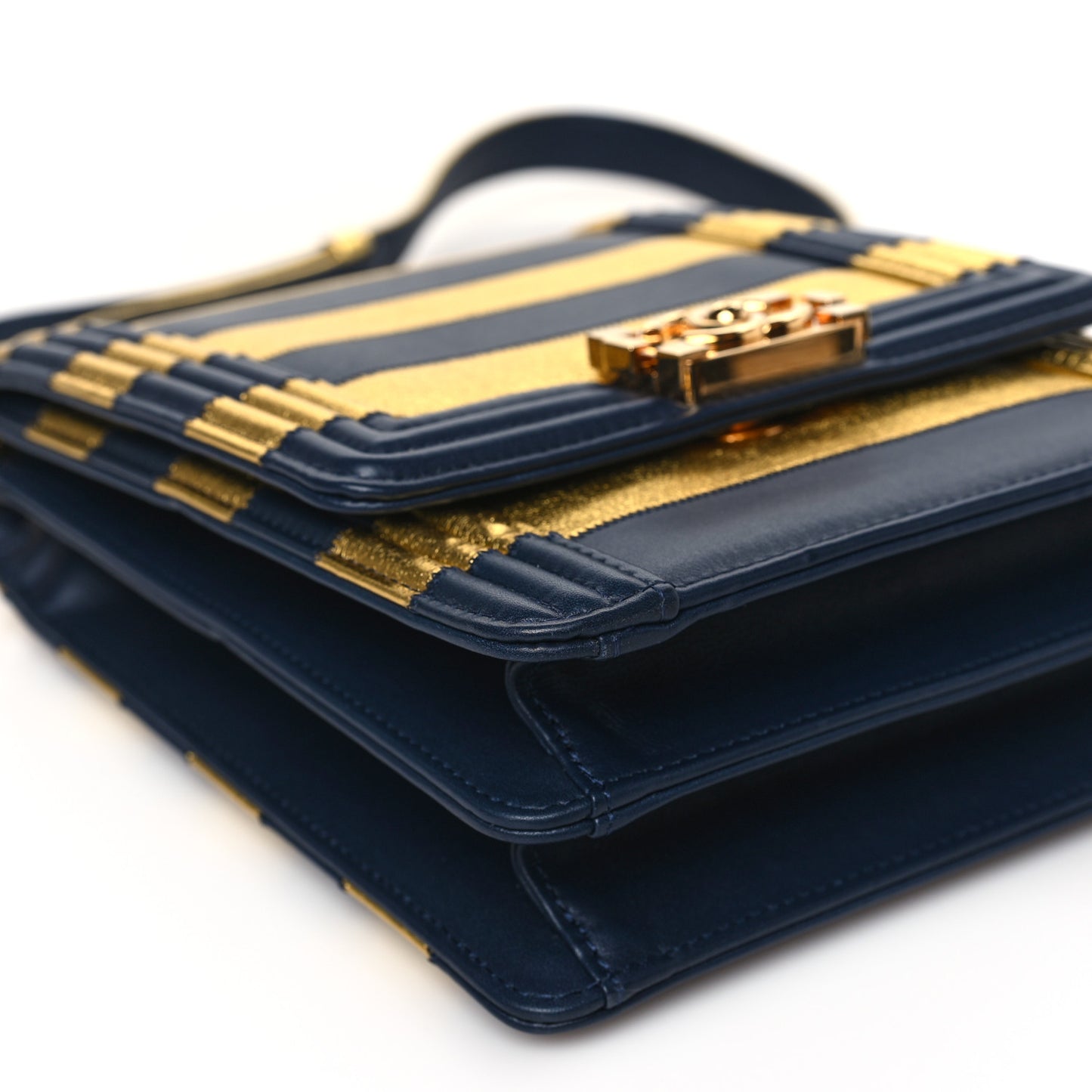 Metallic Lambskin Striped North South Boy Flap Navy Gold