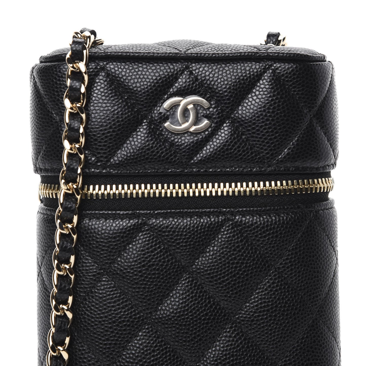 Caviar Quilted Phone Holder With Chain Black