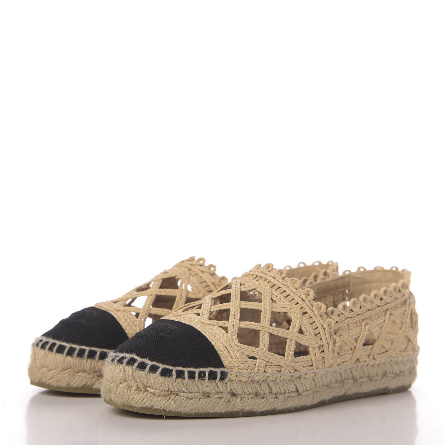 Chanel Woven Fabric Grosgrain CC Espadrilles 38 Beige Black 3 of 8